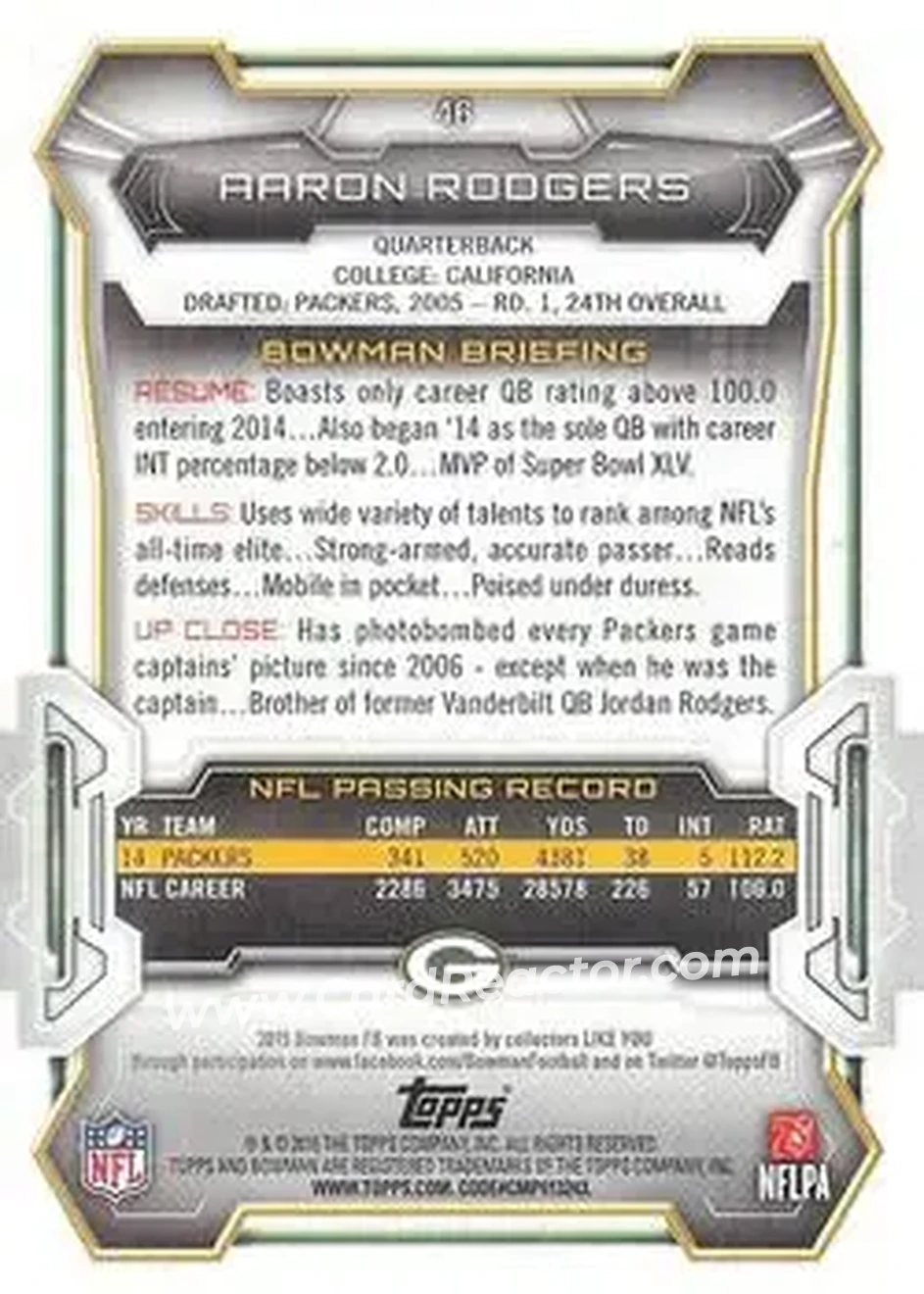 2015 Bowman #46 - Aaron Rodgers - Green Bay Packers - Back