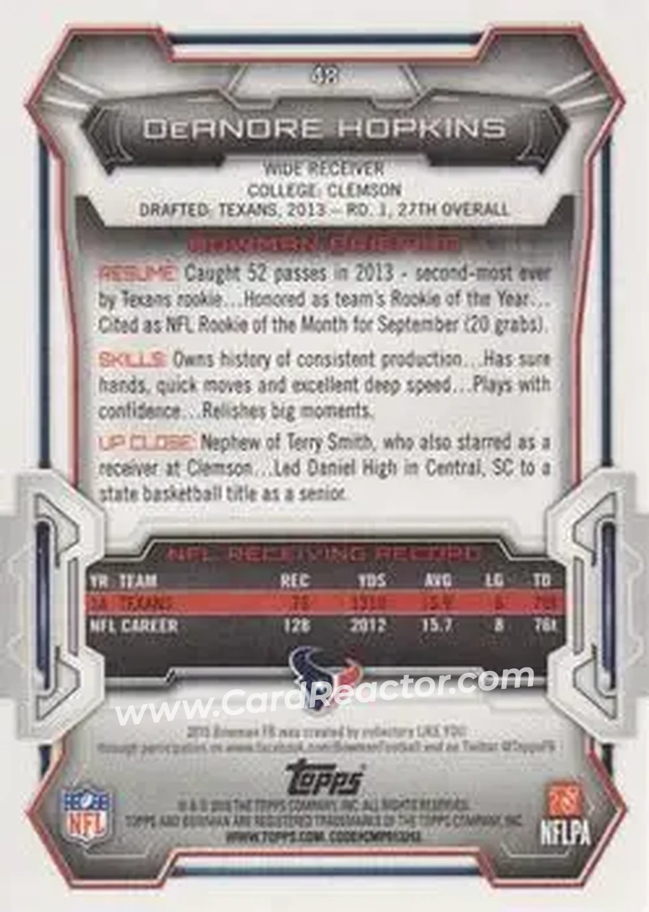 2015 Bowman #48 - DeAndre Hopkins - Houston Texans - Back