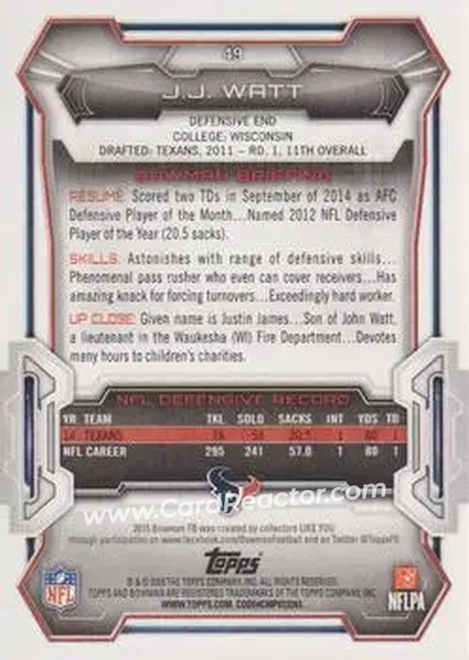 2015 Bowman #49 - J.J. Watt - Houston Texans - Back