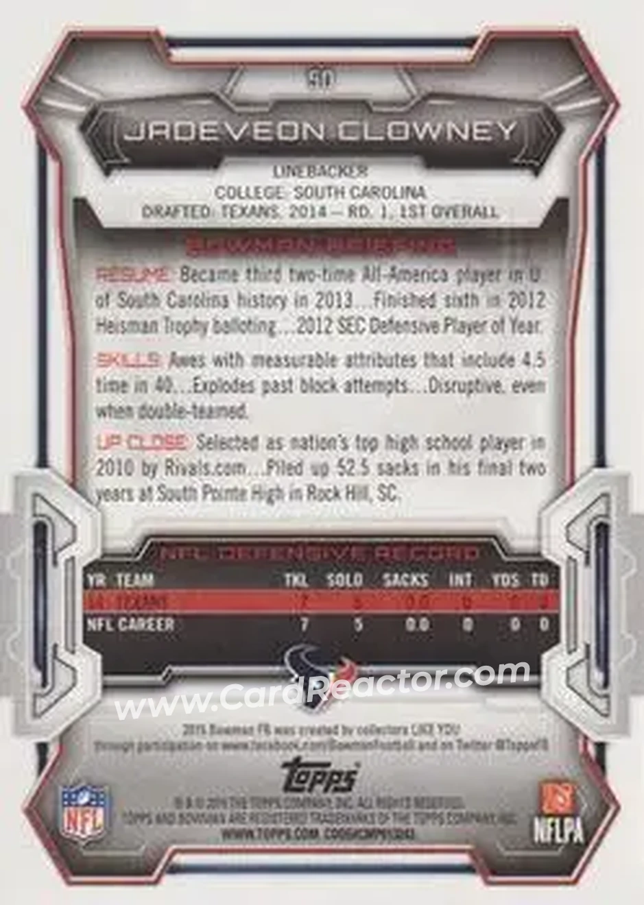 2015 Bowman #50 - Jadeveon Clowney - Houston Texans - Back