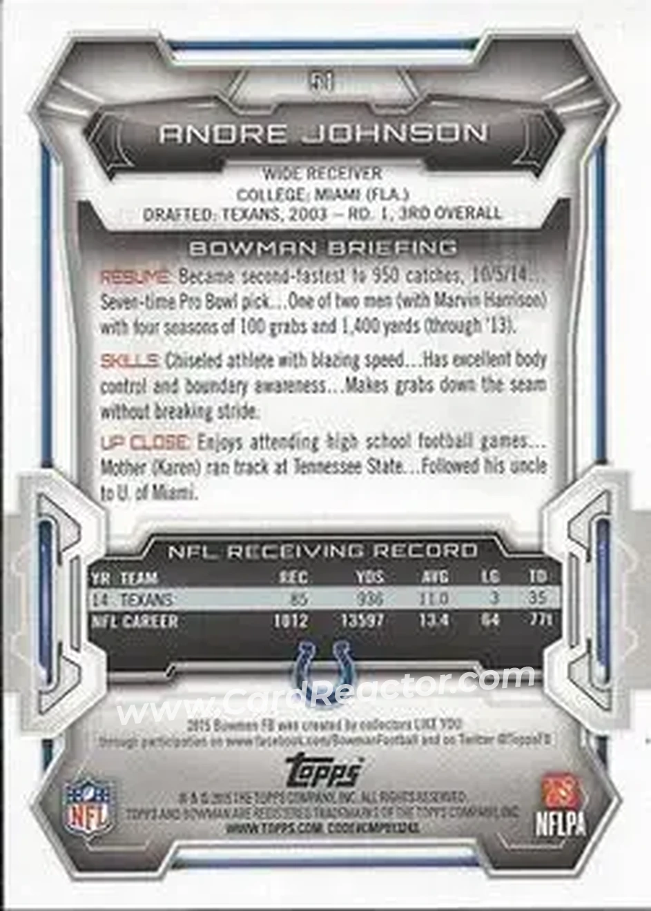 2015 Bowman #51 - Andre Johnson - Indianapolis Colts - Back