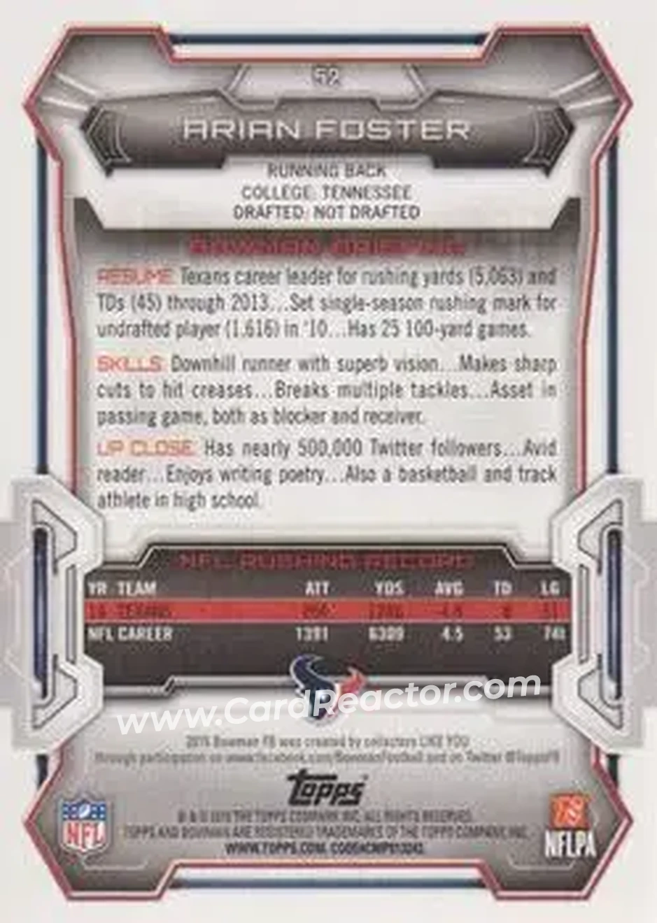 2015 Bowman #52 - Arian Foster - Houston Texans - Back
