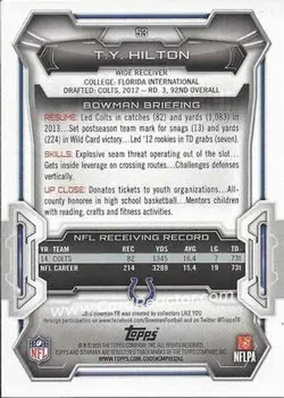 2015 Bowman #53 - T.Y. Hilton - Indianapolis Colts - Back