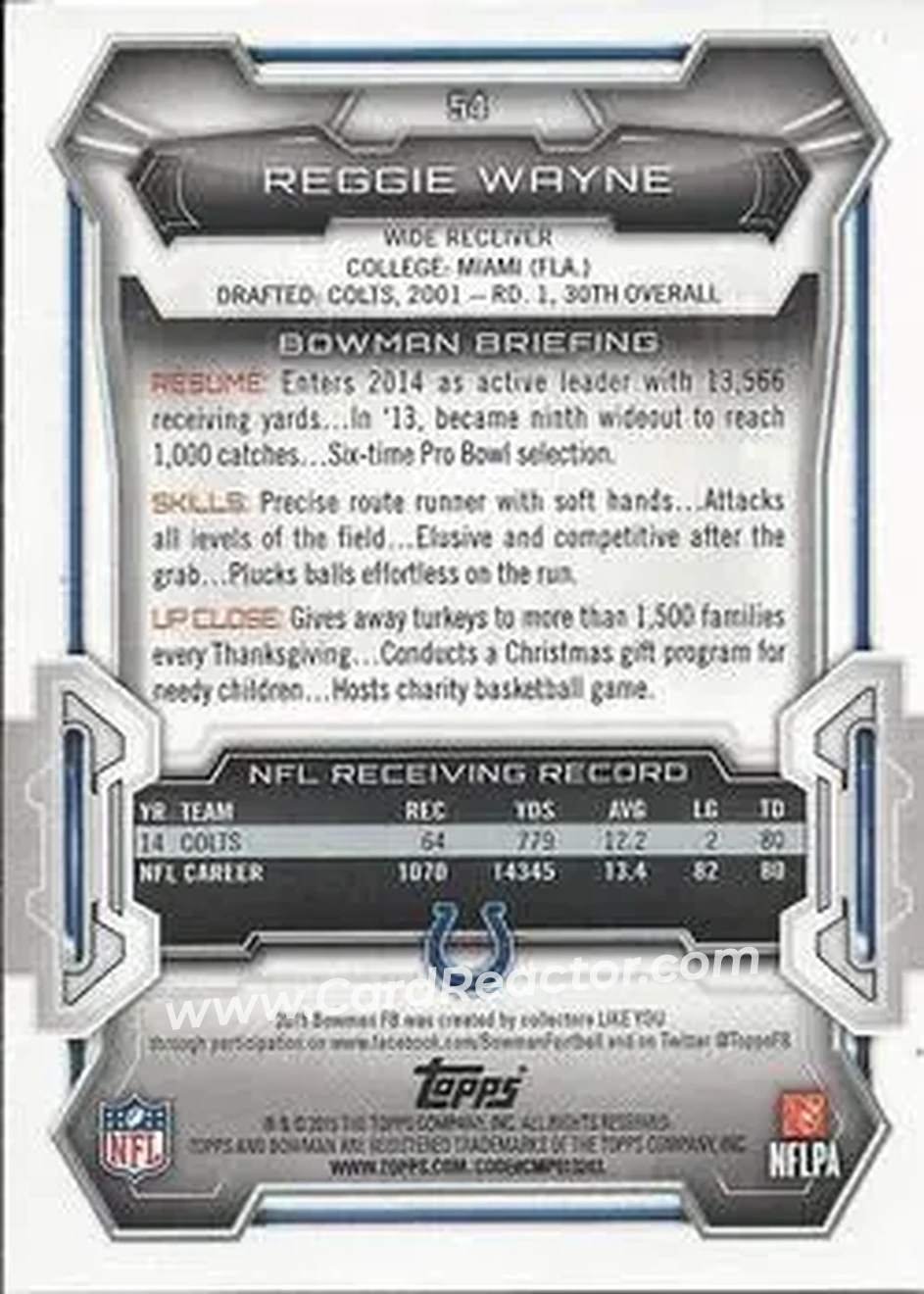 2015 Bowman #54 - Reggie Wayne - Indianapolis Colts - Back
