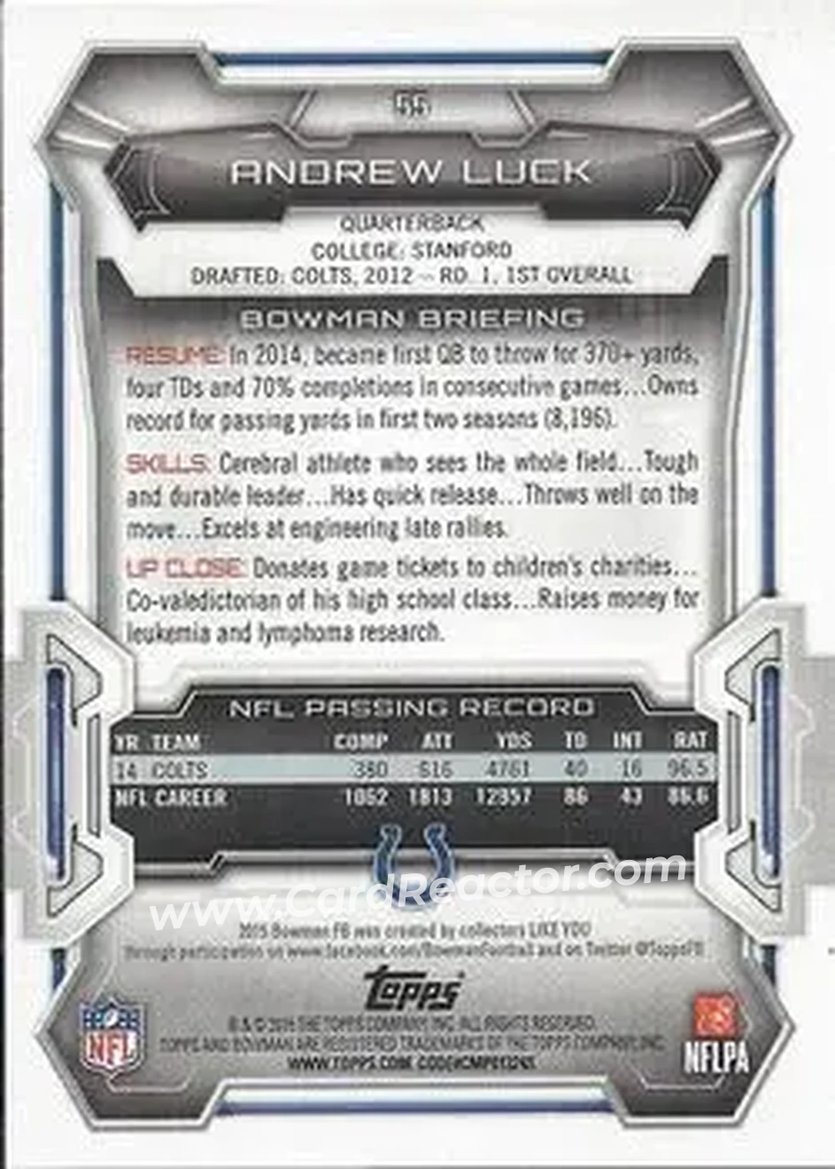 2015 Bowman #55 - Andrew Luck - Indianapolis Colts - Back