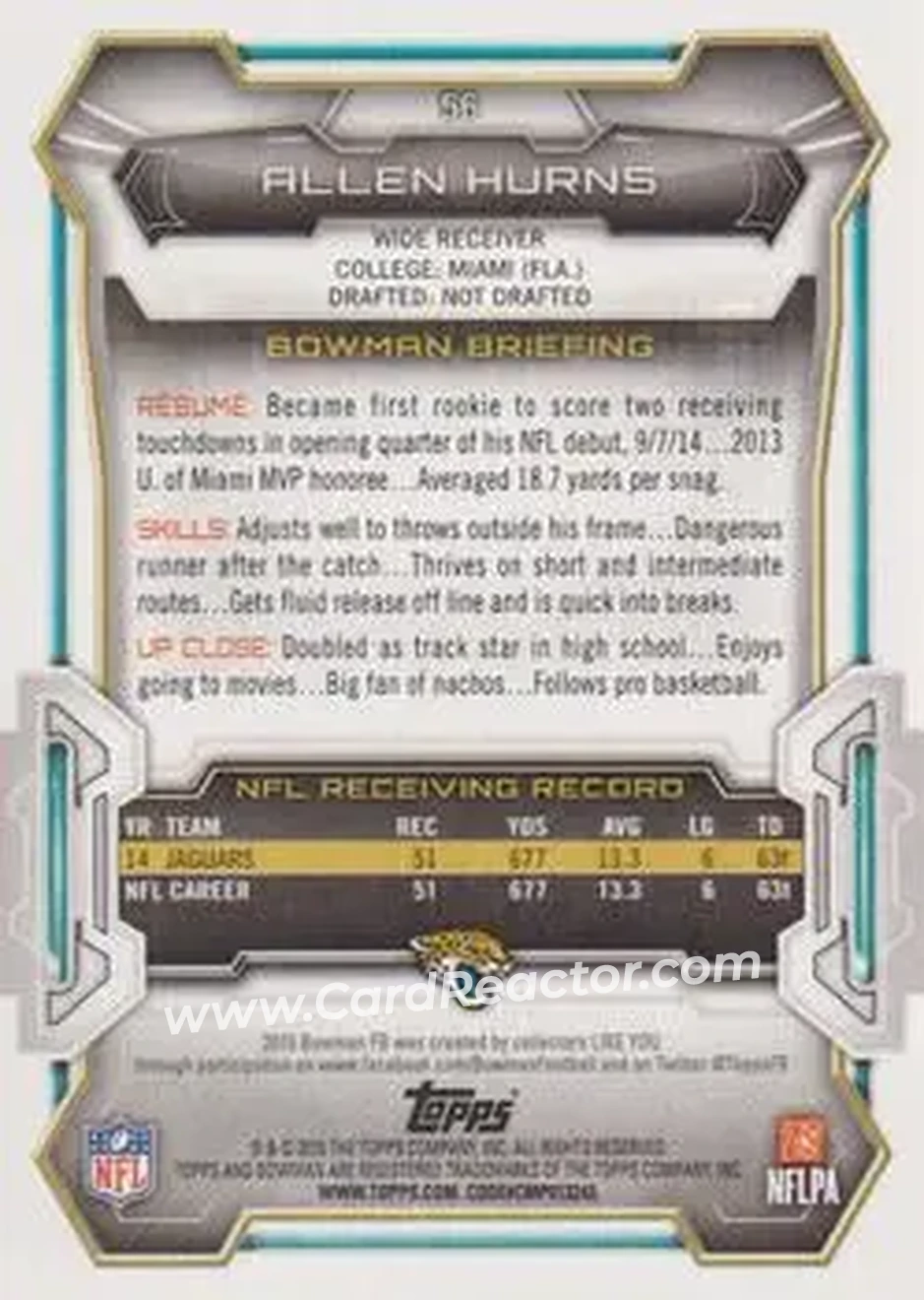 2015 Bowman #56 - Allen Hurns - Jacksonville Jaguars - Back