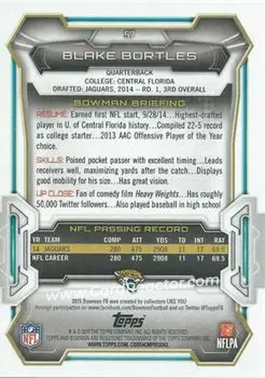 2015 Bowman #57 - Blake Bortles - Jacksonville Jaguars - Back