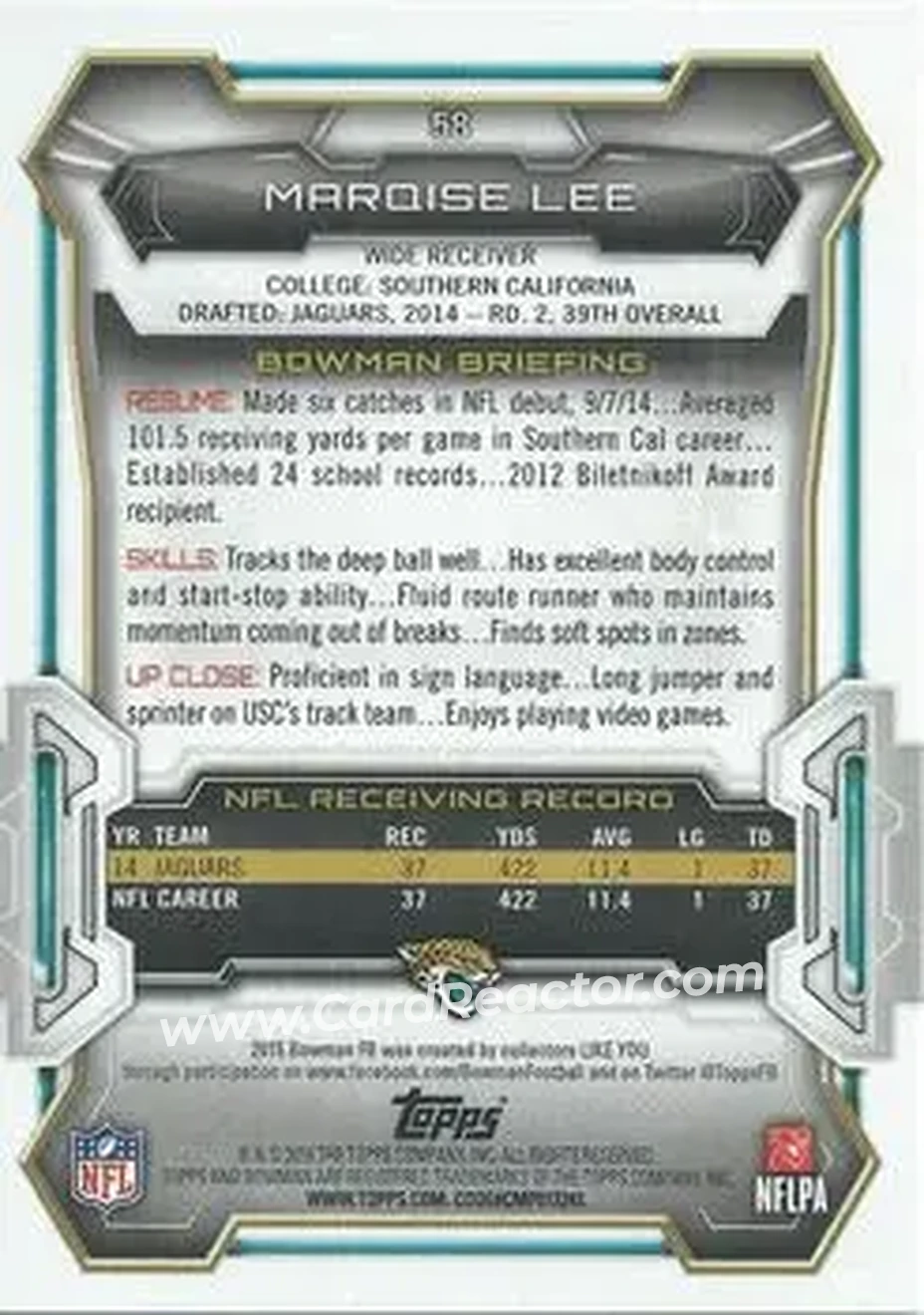 2015 Bowman #58 - Marqise Lee - Jacksonville Jaguars - Back