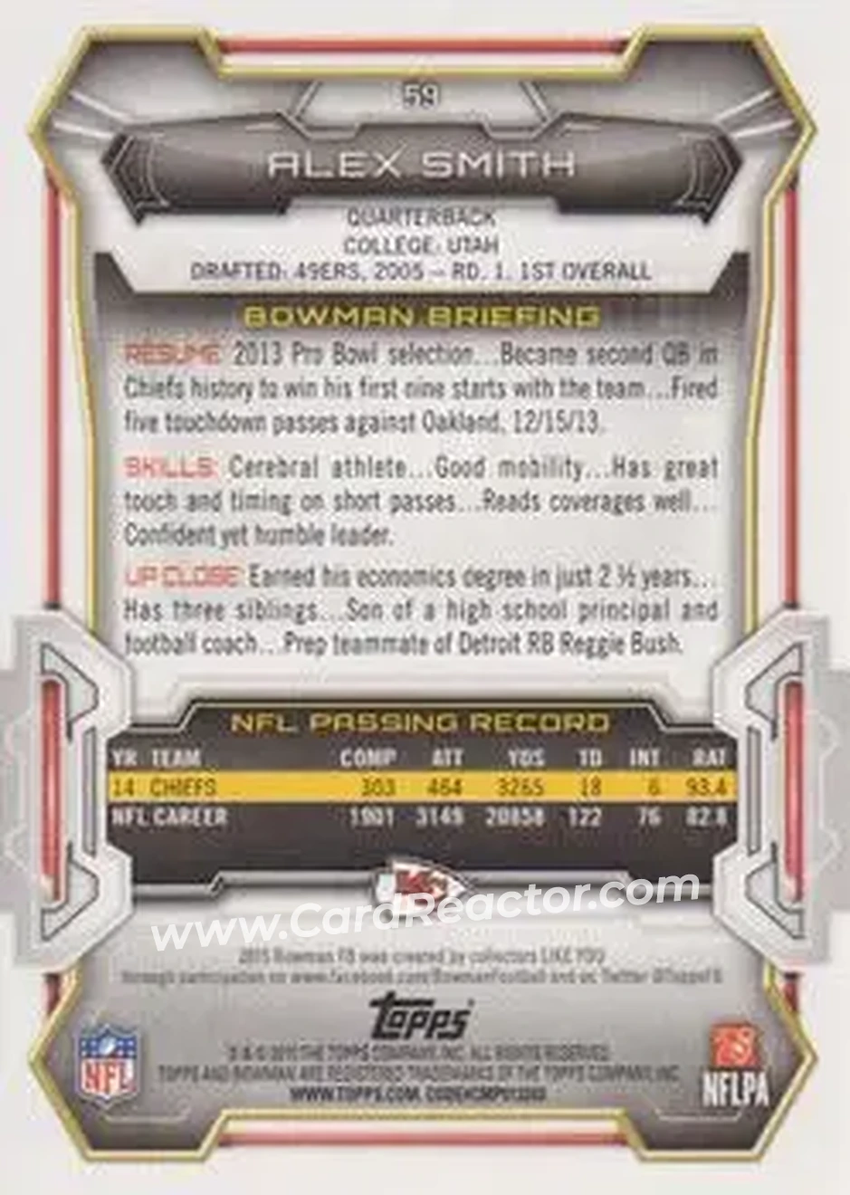 2015 Bowman #59 - Alex Smith - Kansas City Chiefs - Back