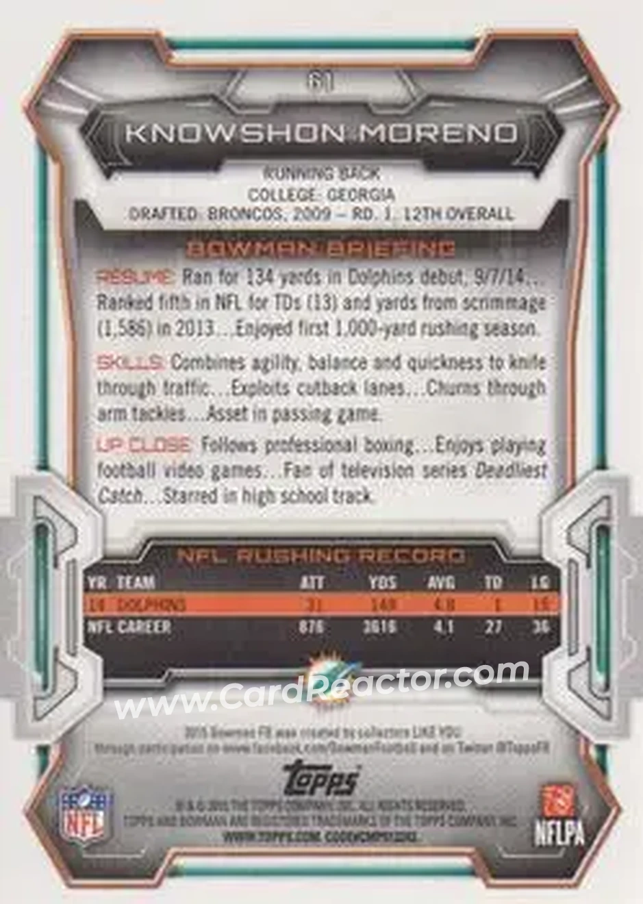 2015 Bowman #61 - Knowshon Moreno - Miami Dolphins - Back