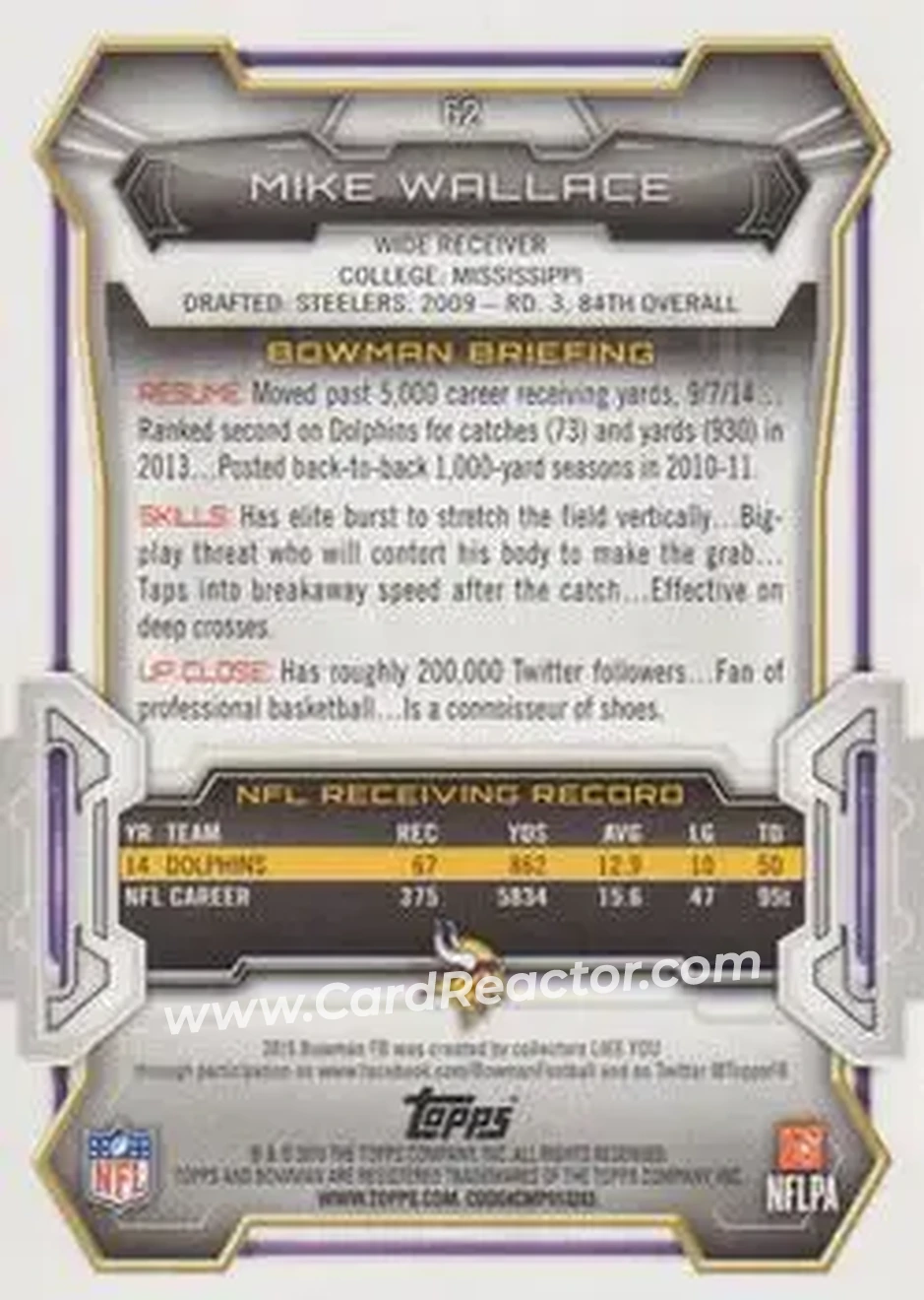 2015 Bowman #62 - Mike Wallace - Minnesota Vikings - Back