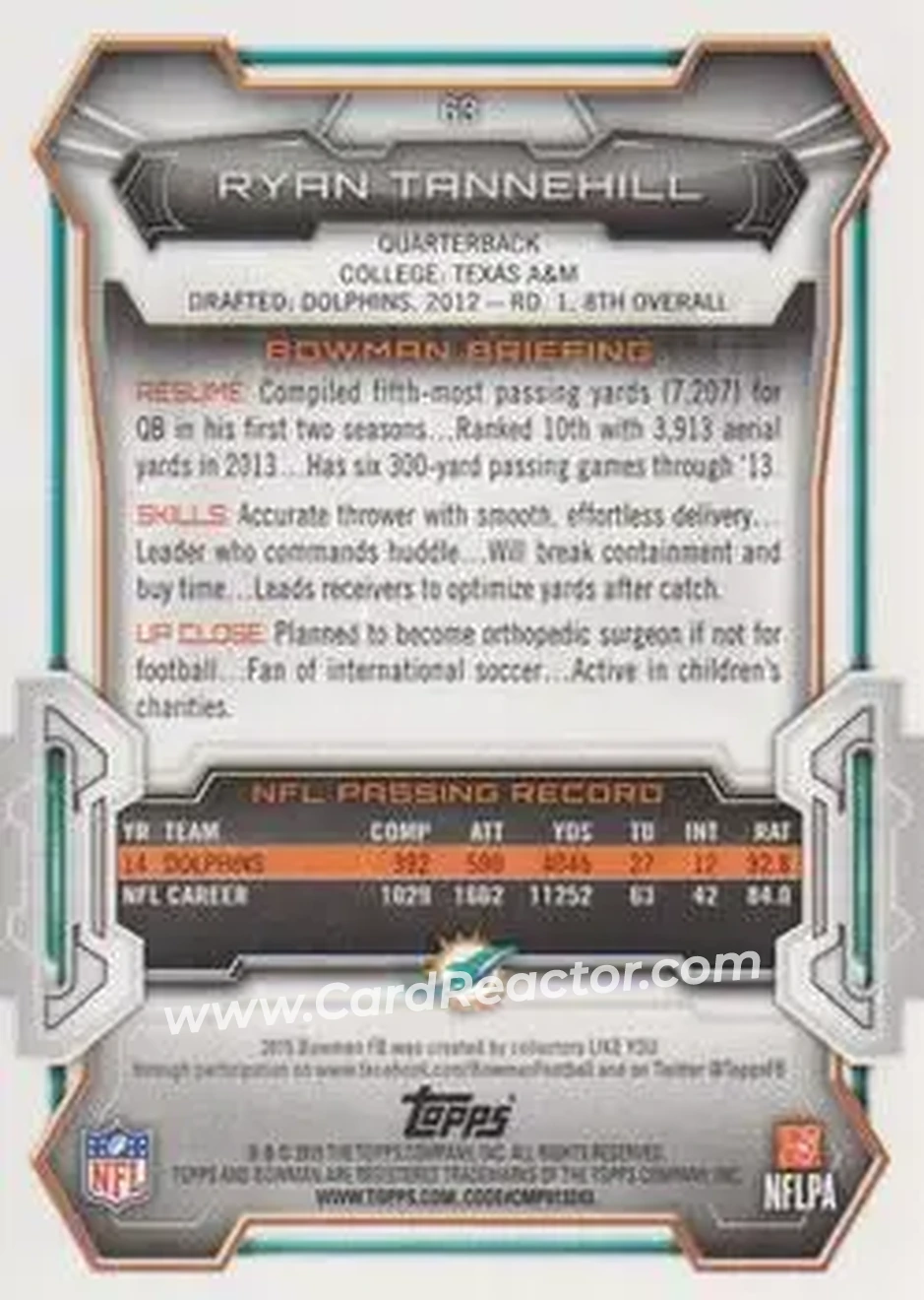 2015 Bowman #63 - Ryan Tannehill - Miami Dolphins - Back