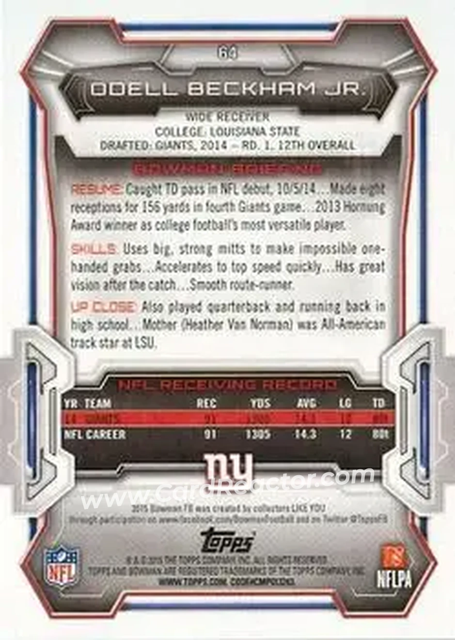 2015 Bowman #64 - Odell Beckham Jr. - New York Giants - Back