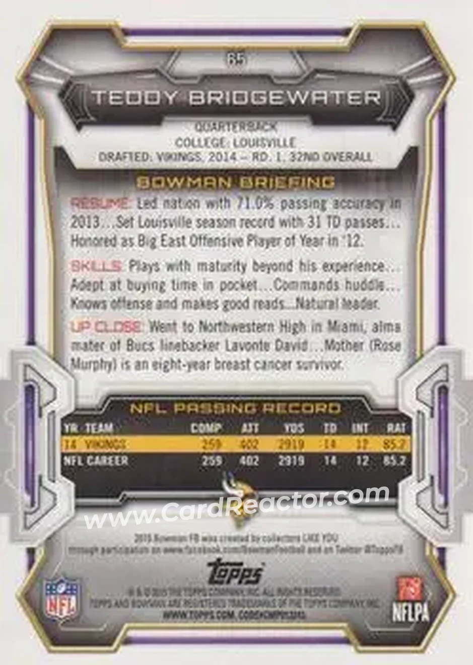 2015 Bowman #65 - Teddy Bridgewater - Minnesota Vikings - Back