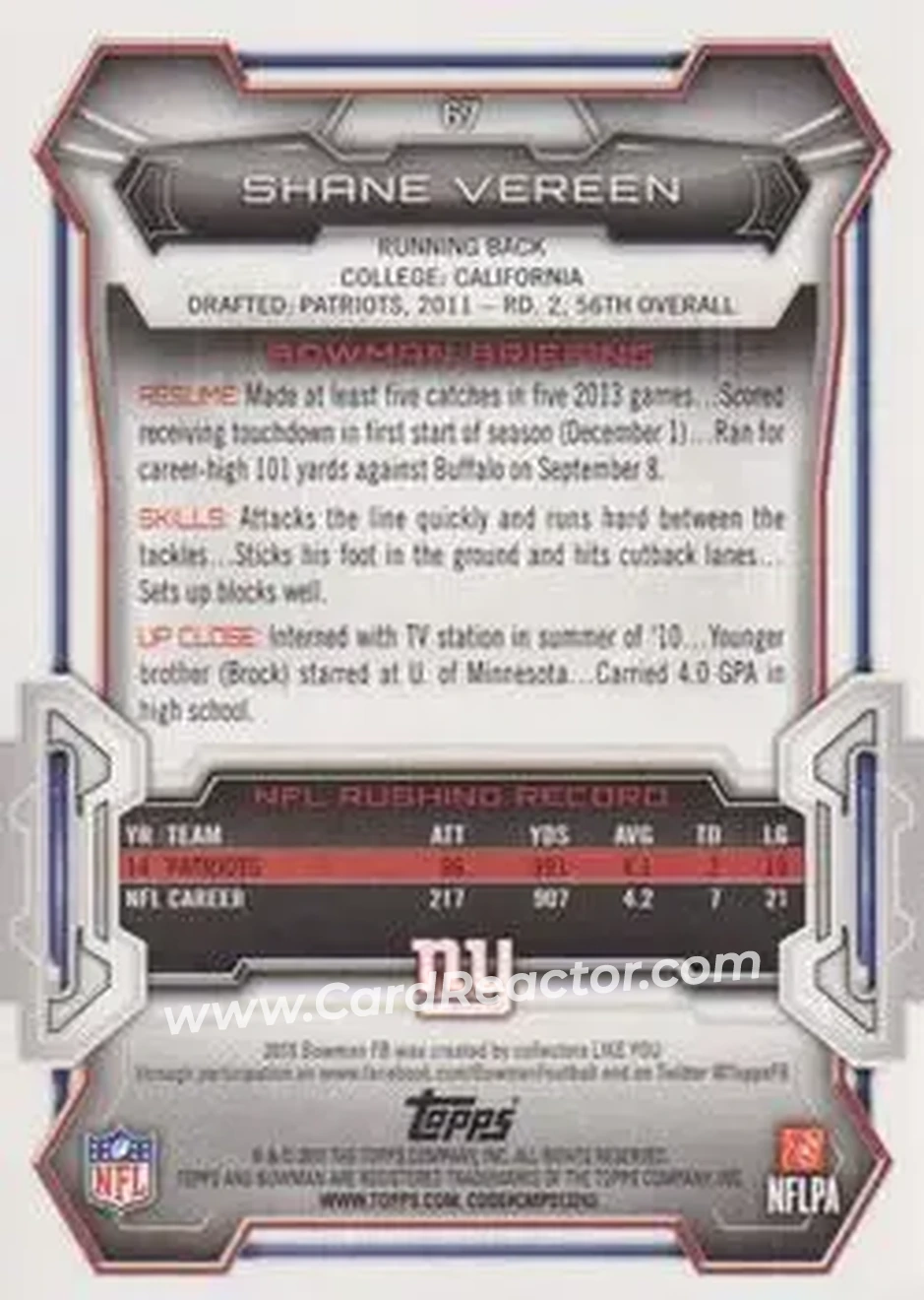 2015 Bowman #67 - Shane Vereen - New York Giants - Back