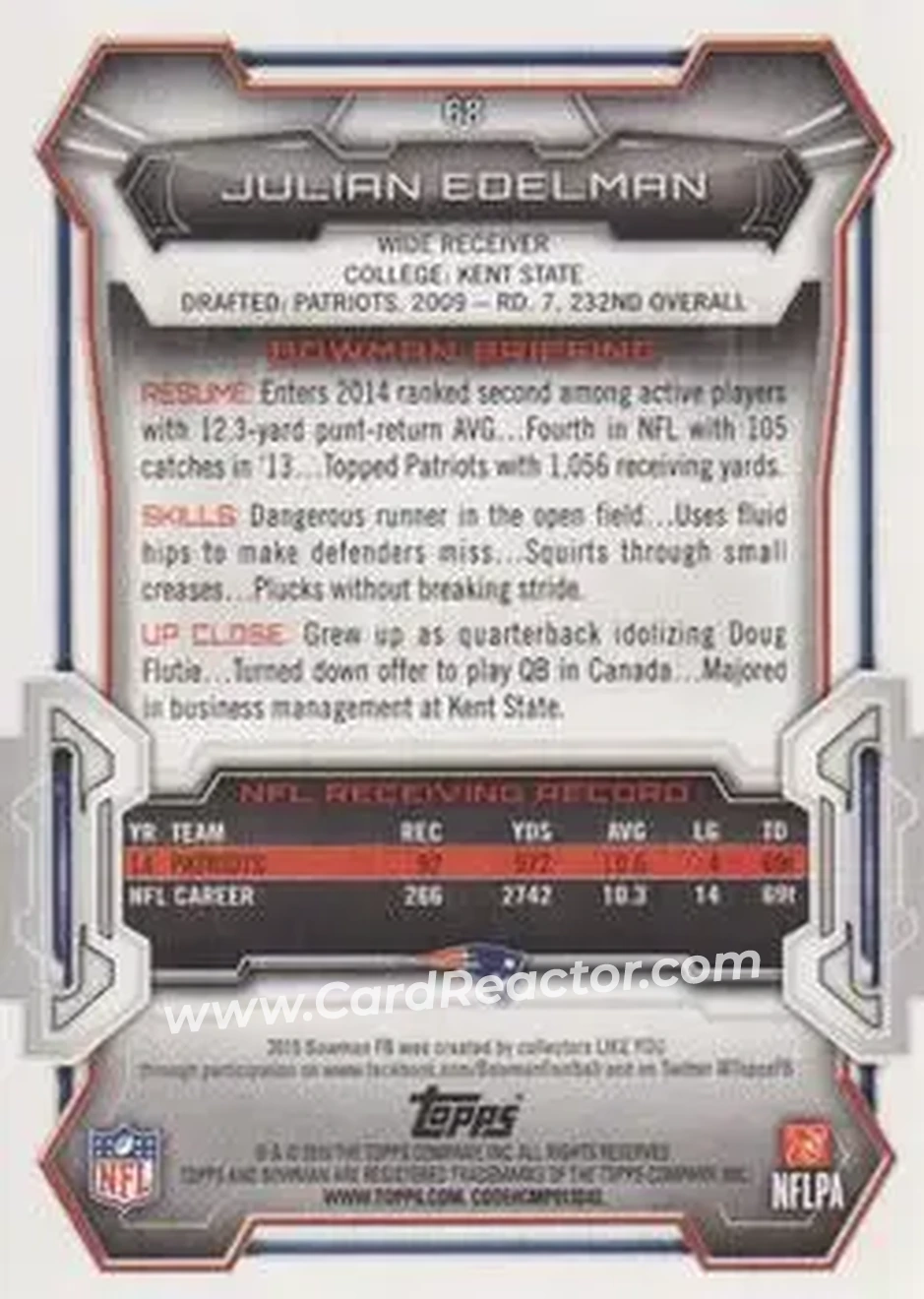 2015 Bowman #68 - Julian Edelman - New England Patriots - Back
