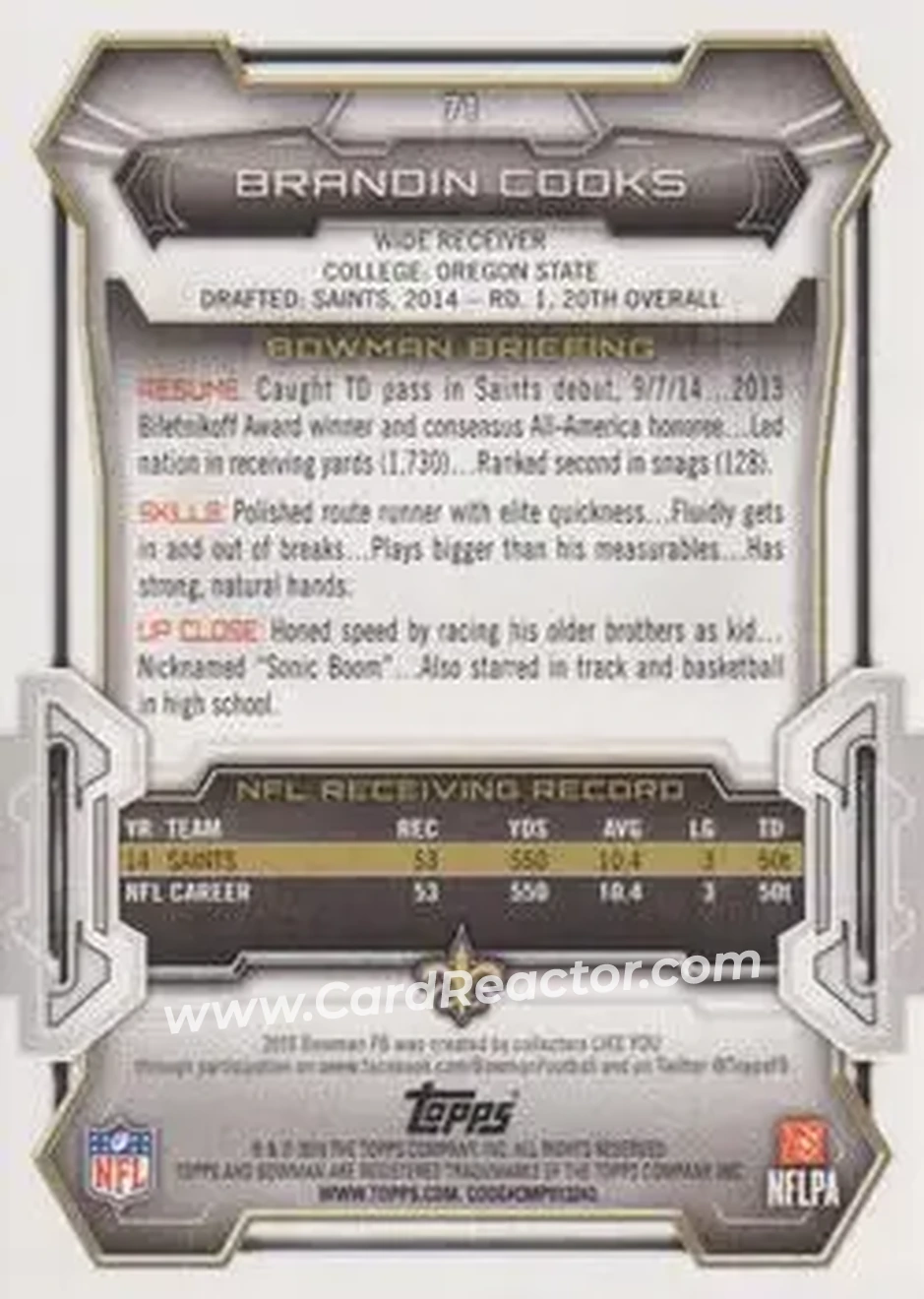 2015 Bowman #71 - Brandin Cooks - New Orleans Saints - Back
