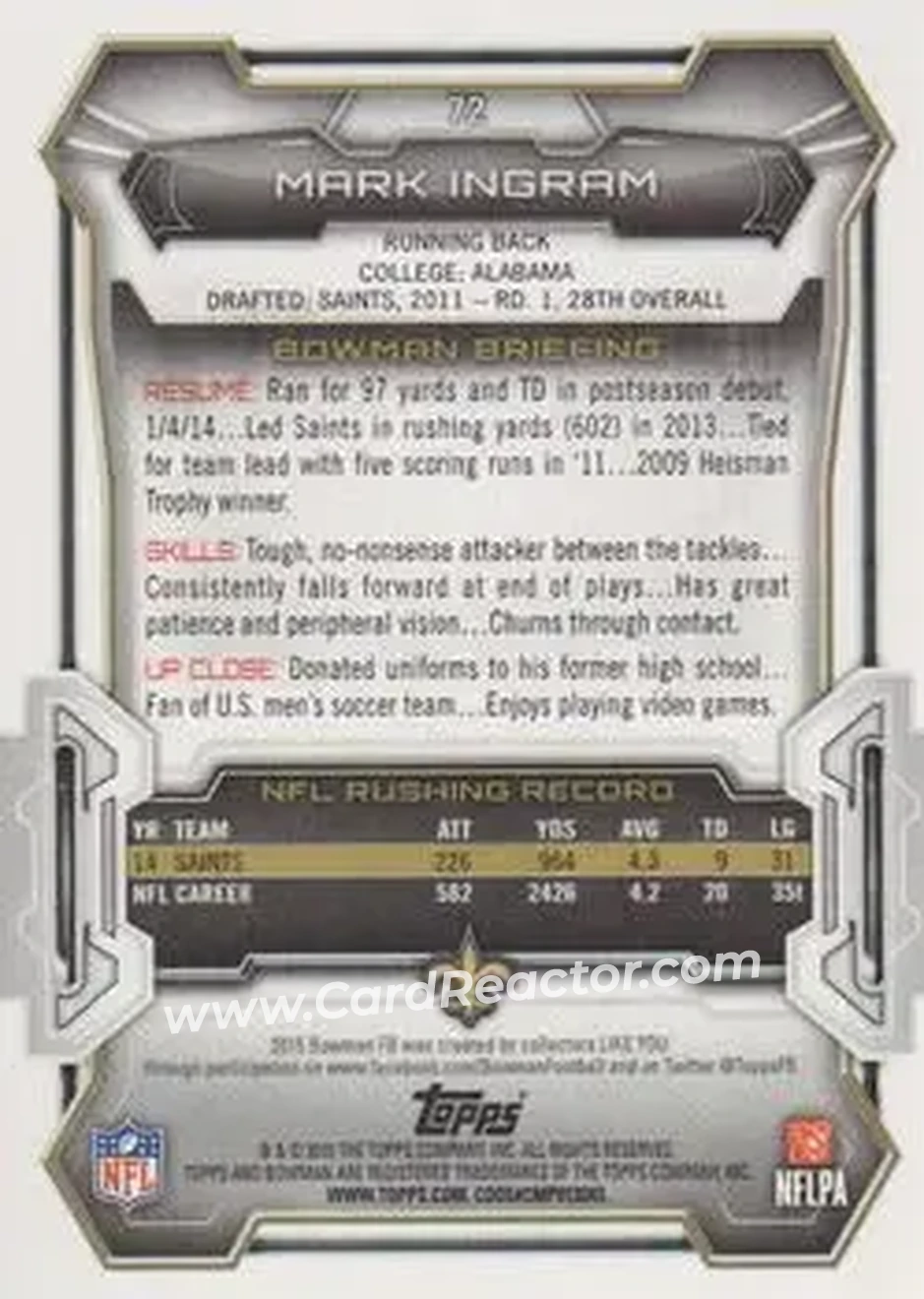 2015 Bowman #72 - Mark Ingram II - New Orleans Saints - Back
