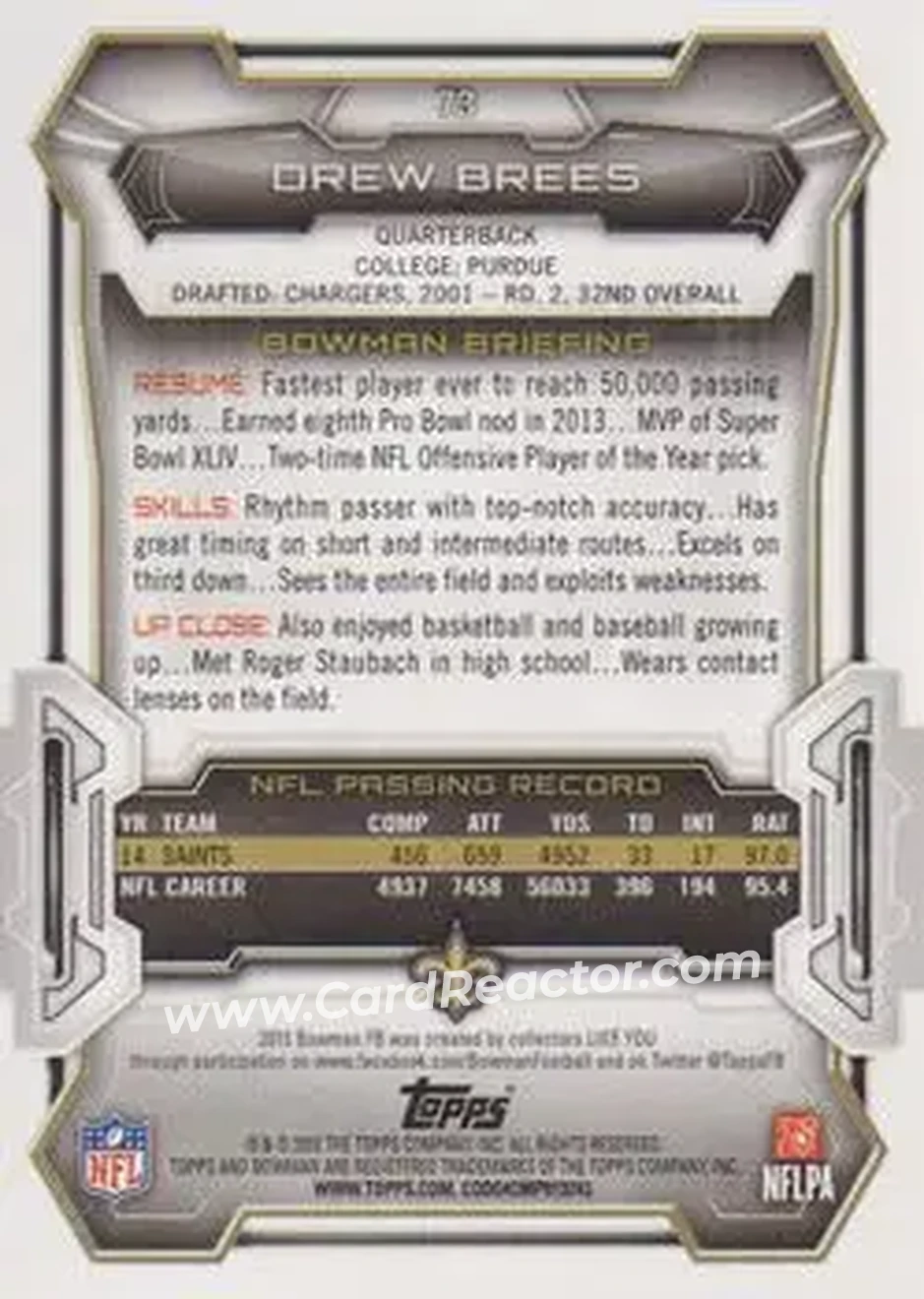 2015 Bowman #73 - Drew Brees - New Orleans Saints - Back
