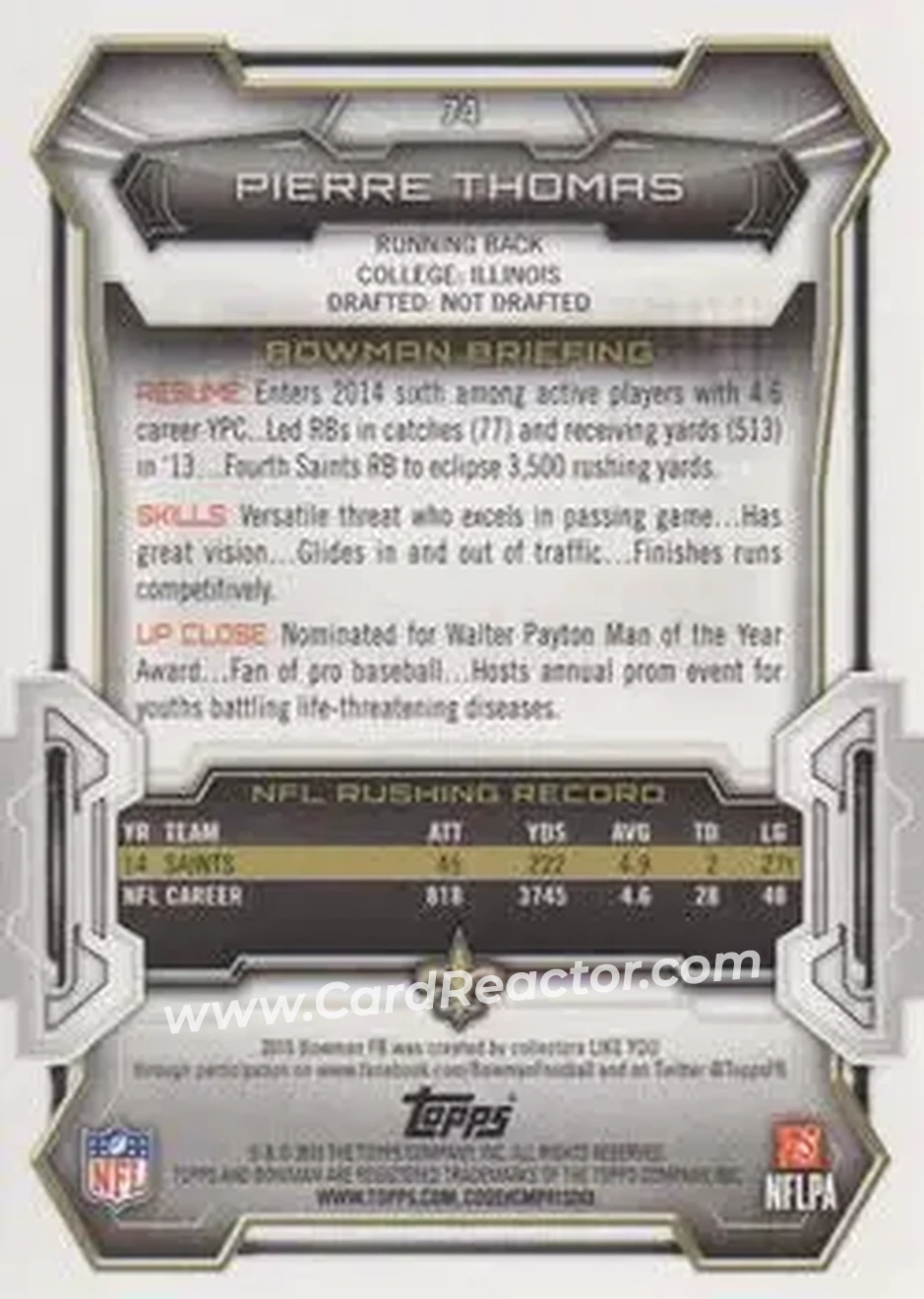 2015 Bowman #74 - Pierre Thomas - New Orleans Saints - Back