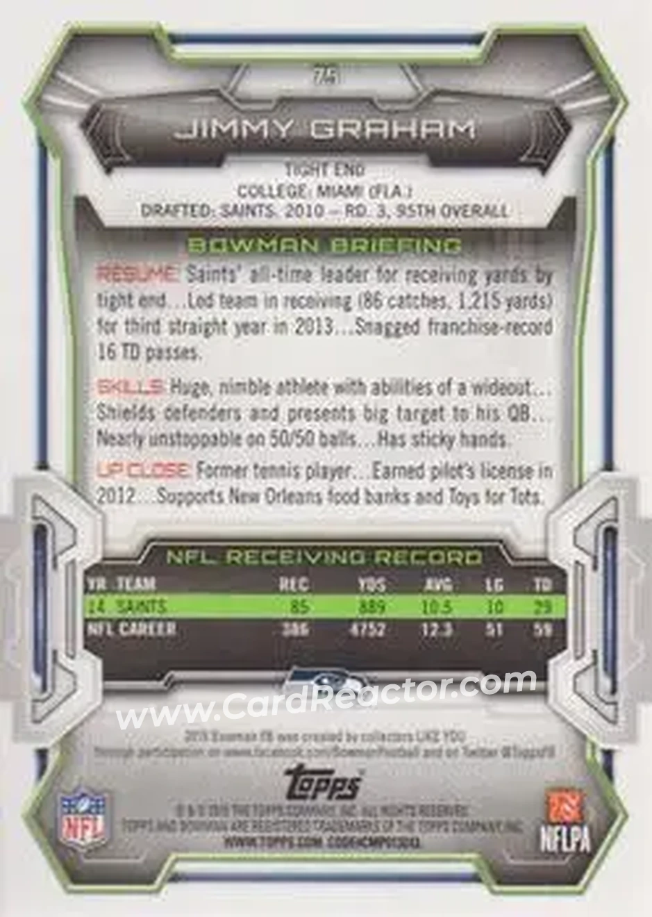 2015 Bowman #75 - Jimmy Graham - Seattle Seahawks - Back