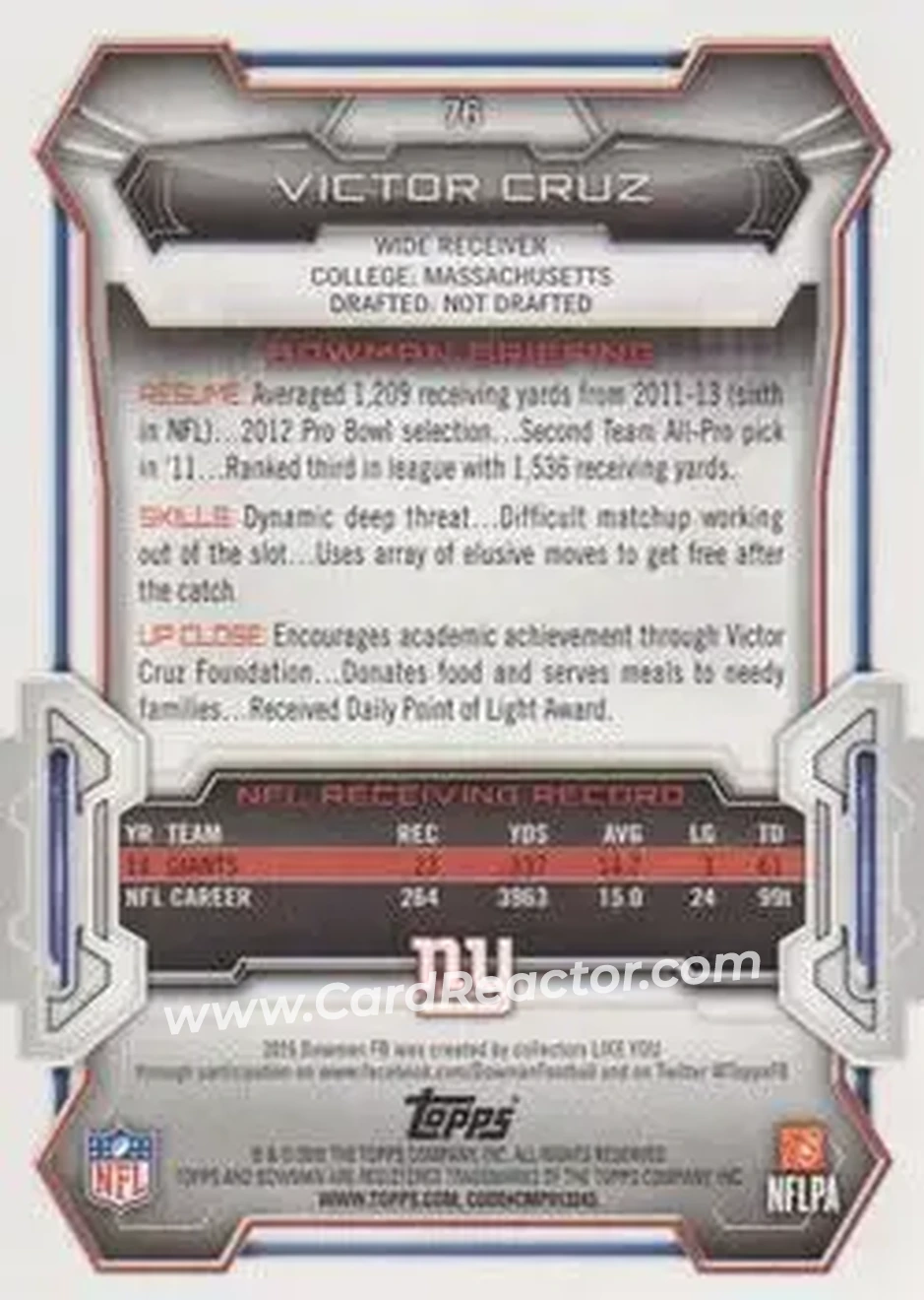 2015 Bowman #76 - Victor Cruz - New York Giants - Back