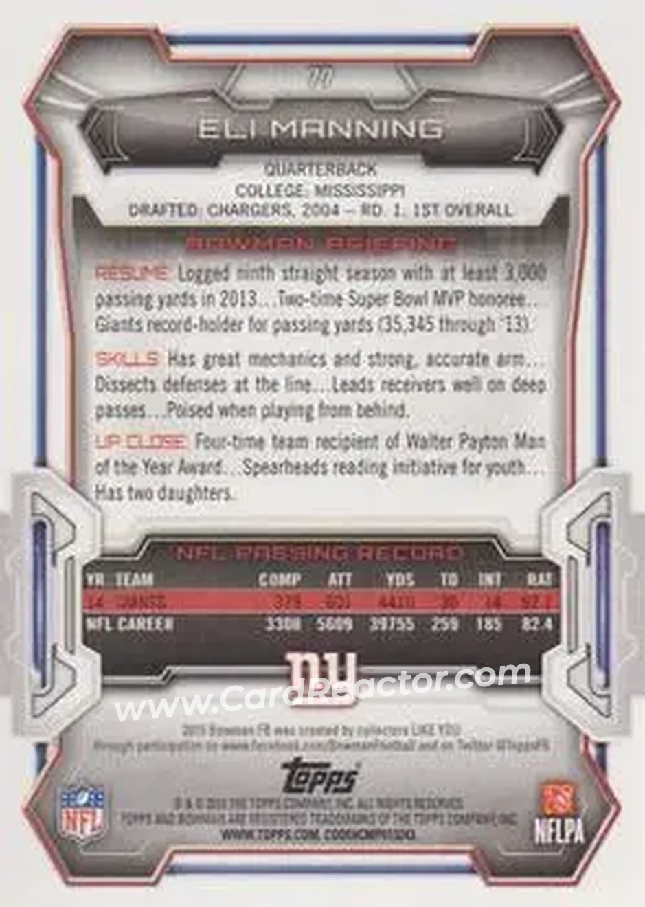 2015 Bowman #77 - Eli Manning - New York Giants - Back