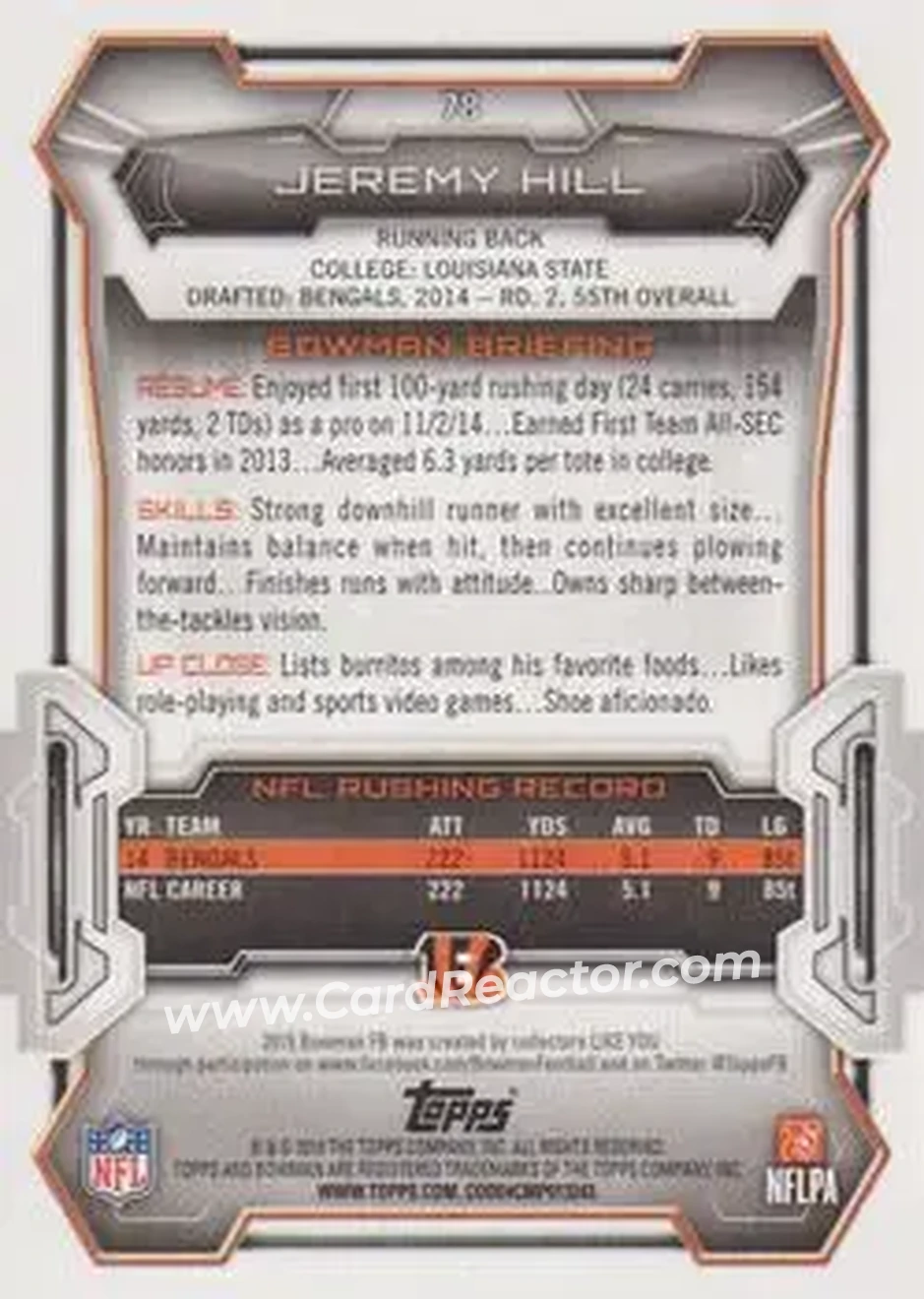 2015 Bowman #78 - Jeremy Hill - Cincinnati Bengals - Back