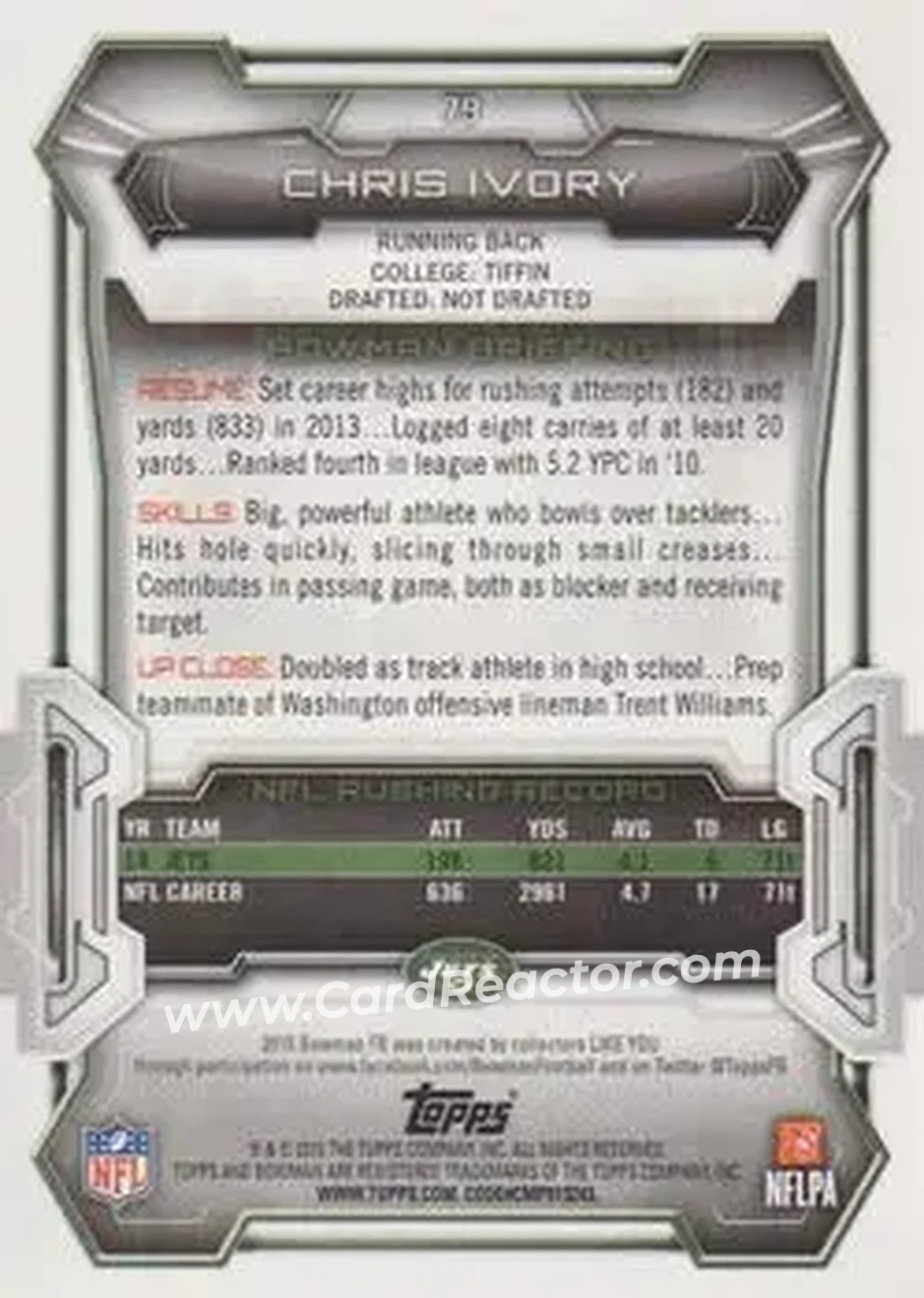 2015 Bowman #79 - Chris Ivory - New York Jets - Back