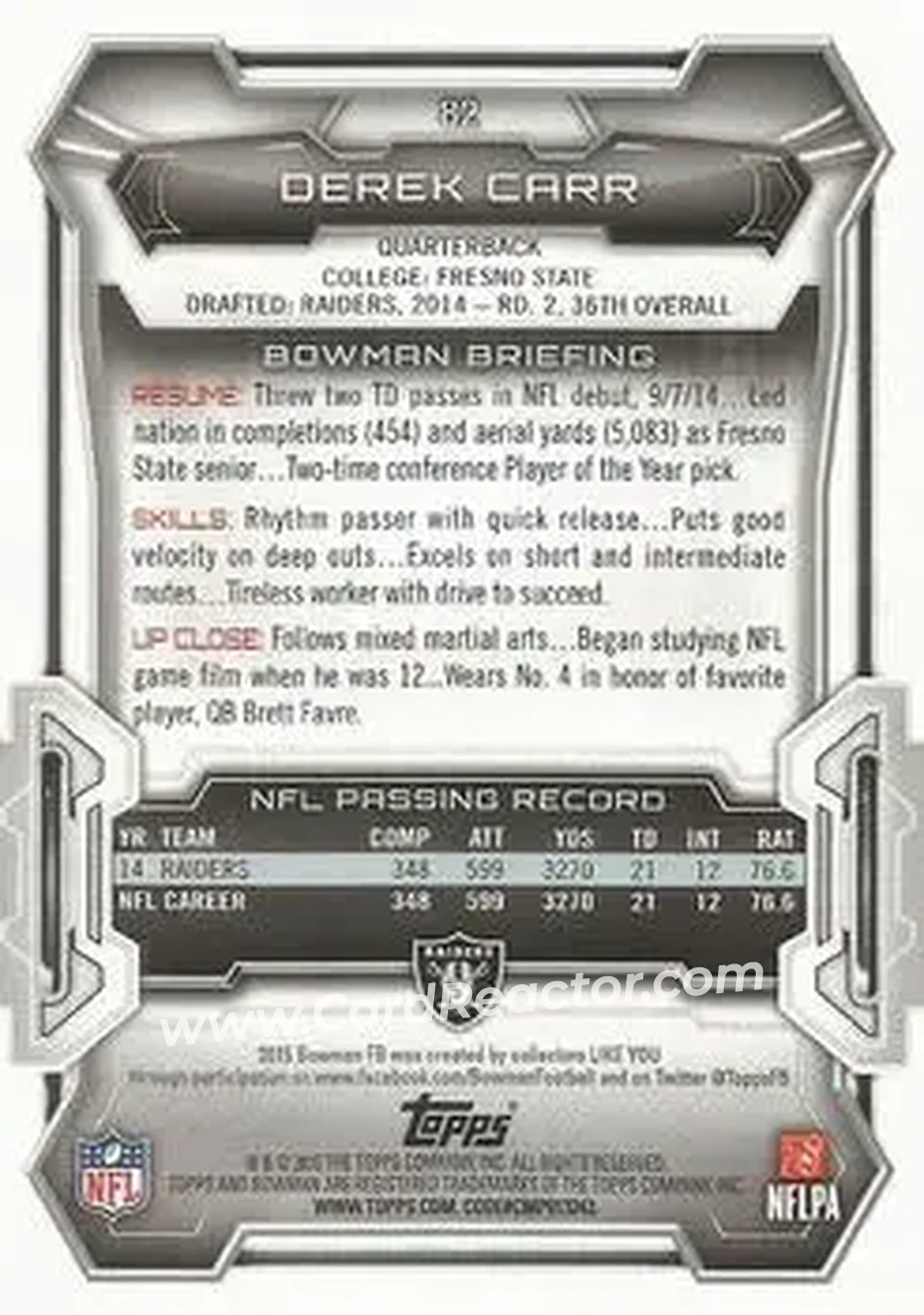 2015 Bowman #82 - Derek Carr - Oakland Raiders - Back