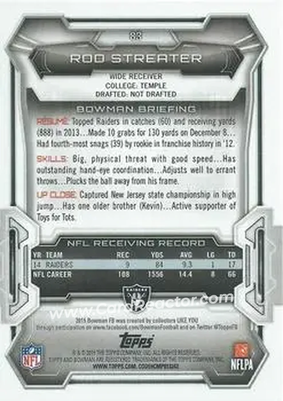 2015 Bowman #83 - Rod Streater - Oakland Raiders - Back