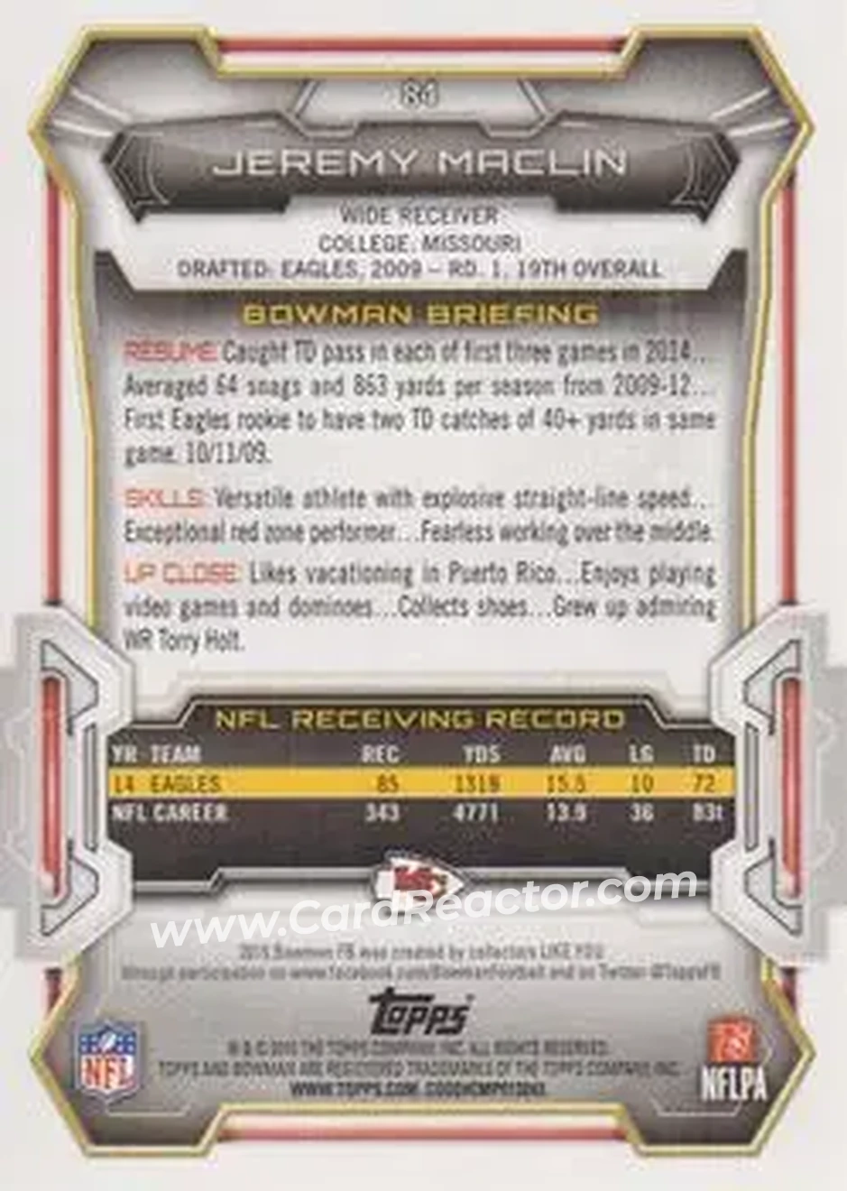 2015 Bowman #84 - Jeremy Maclin - Kansas City Chiefs - Back
