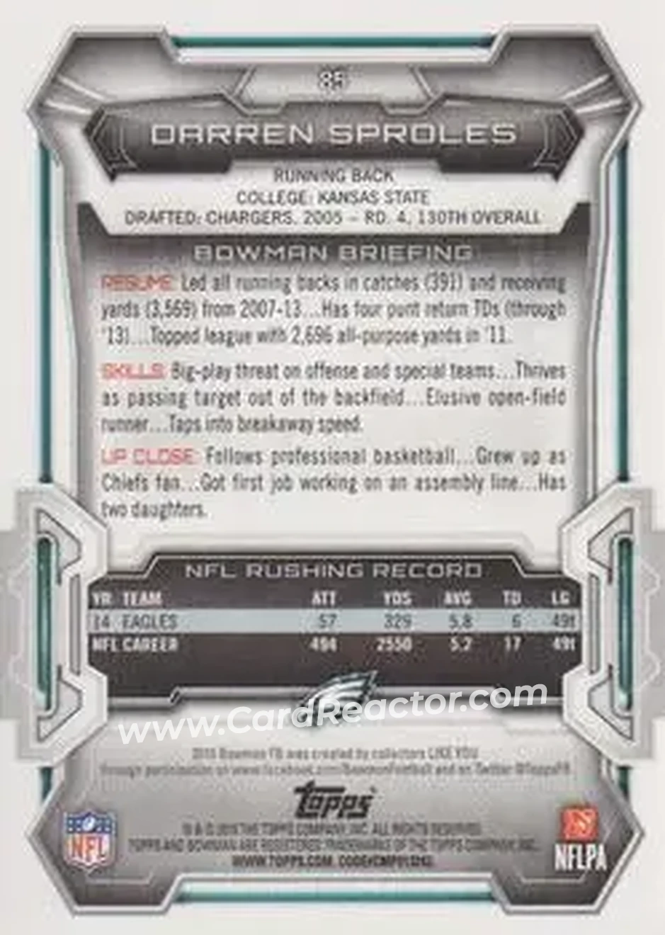 2015 Bowman #85 - Darren Sproles - Philadelphia Eagles - Back