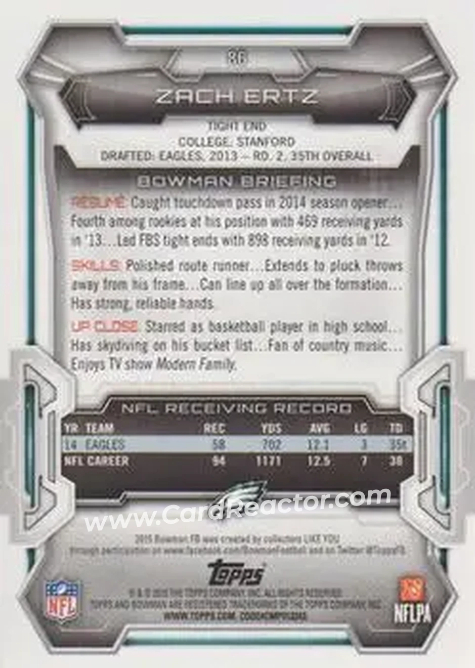 2015 Bowman #86 - Zach Ertz - Philadelphia Eagles - Back