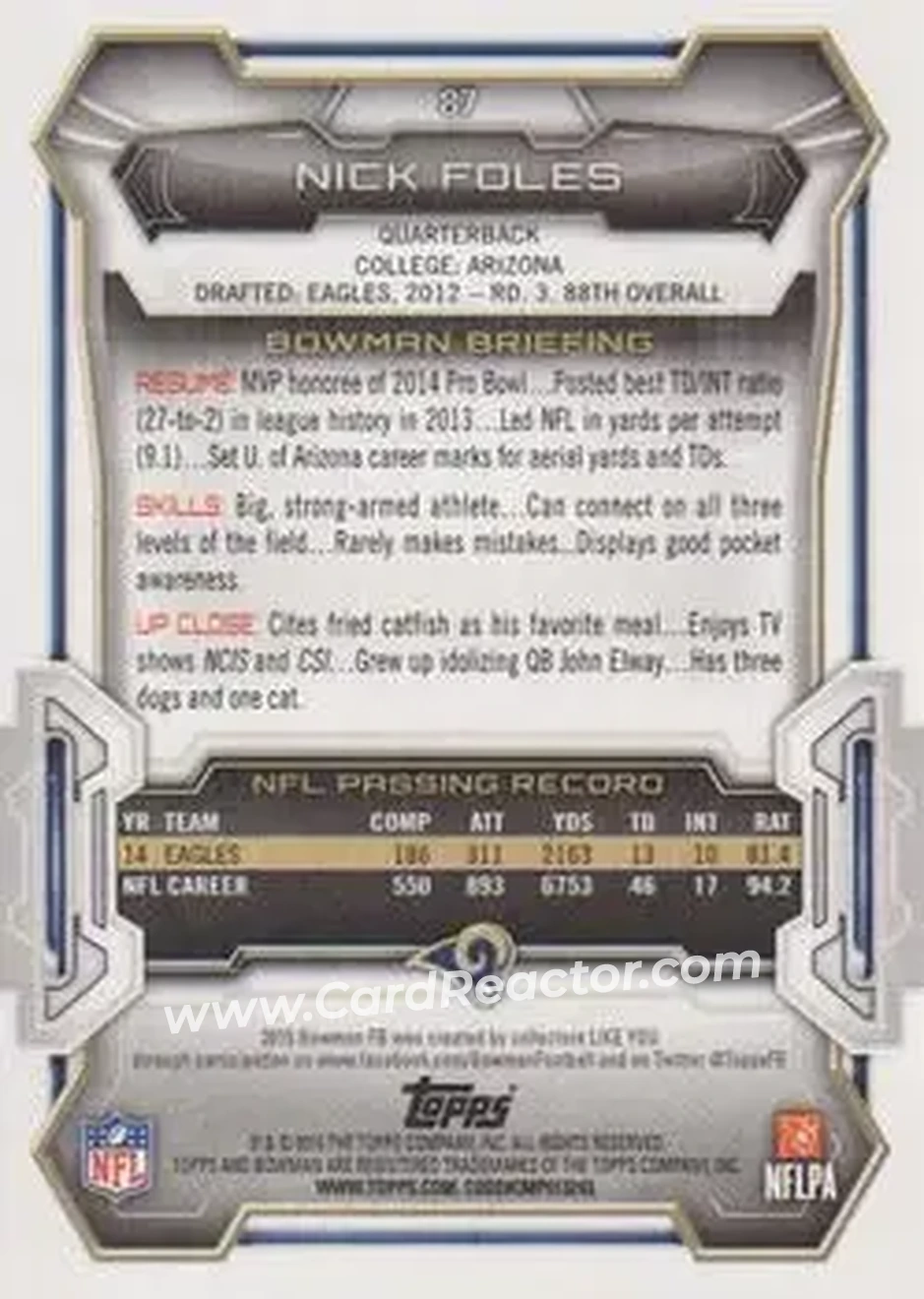2015 Bowman #87 - Nick Foles - St. Louis Rams - Back