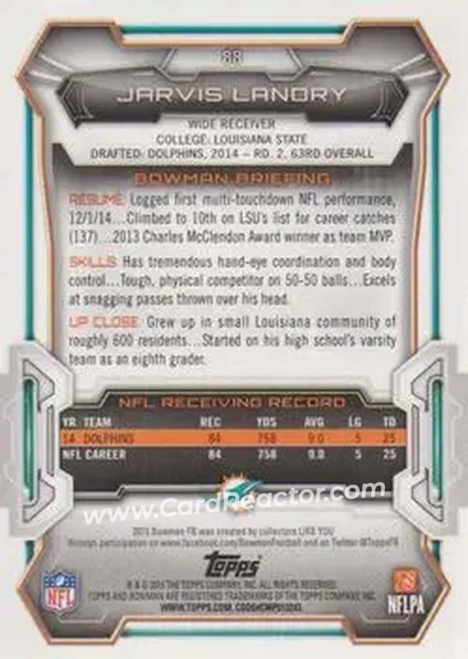 2015 Bowman #88 - Jarvis Landry - Miami Dolphins - Back