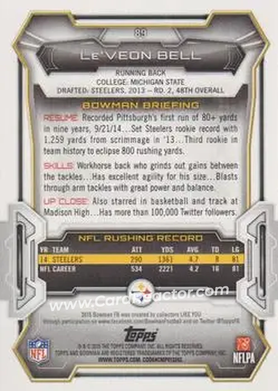 2015 Bowman #89 - Le'Veon Bell - Pittsburgh Steelers - Back