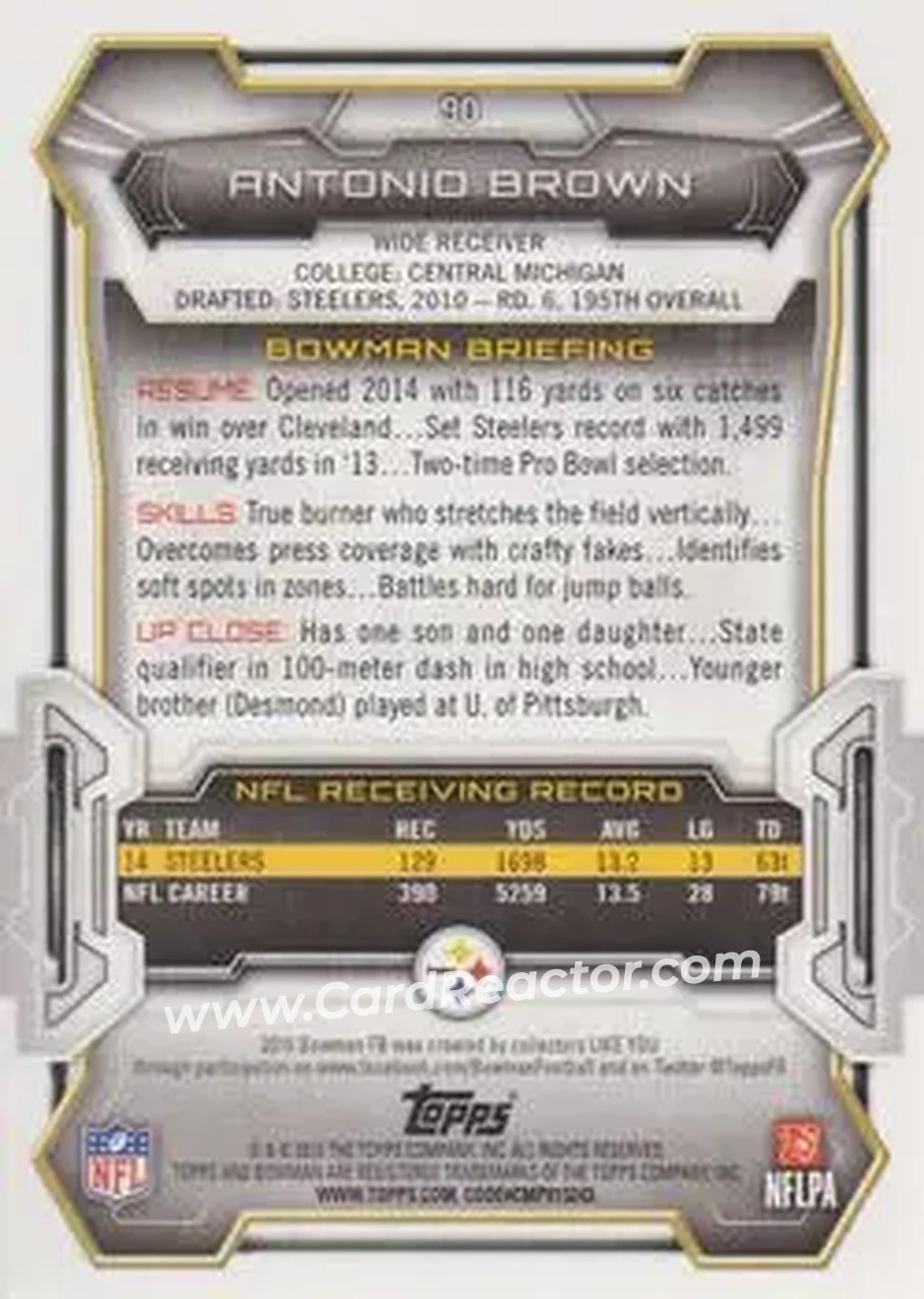 2015 Bowman #90 - Antonio Brown - Pittsburgh Steelers - Back