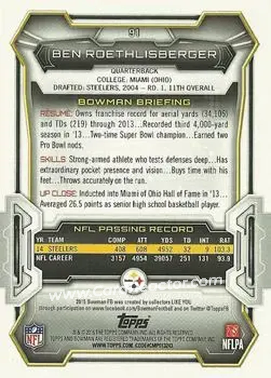 2015 Bowman #91 - Ben Roethlisberger - Pittsburgh Steelers - Back