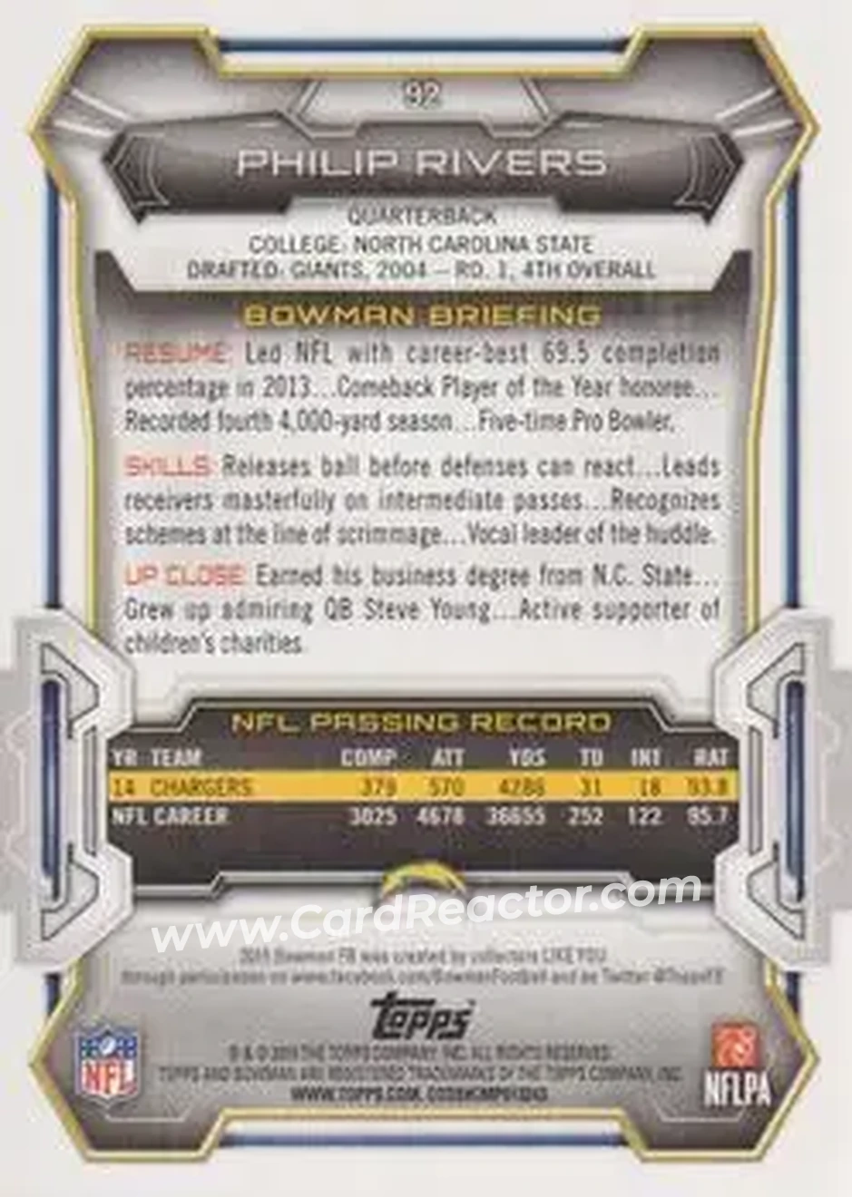 2015 Bowman #92 - Philip Rivers - San Diego Chargers - Back