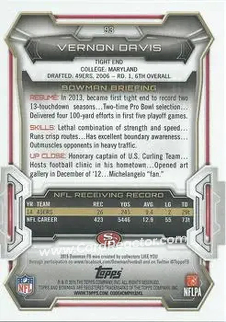 2015 Bowman #93 - Vernon Davis - San Francisco 49ers - Back