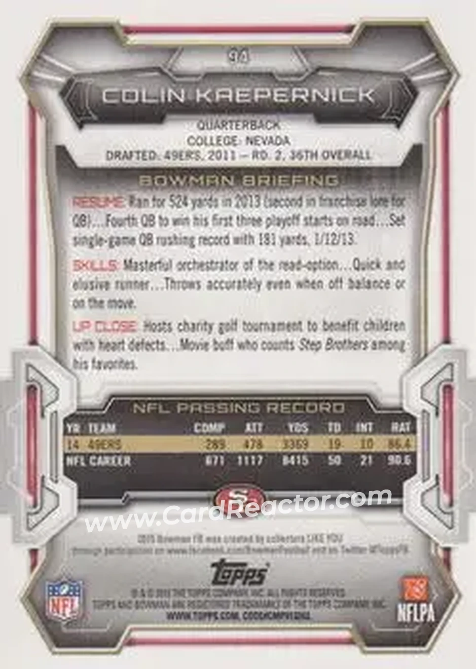 2015 Bowman #94 - Colin Kaepernick - San Francisco 49ers - Back