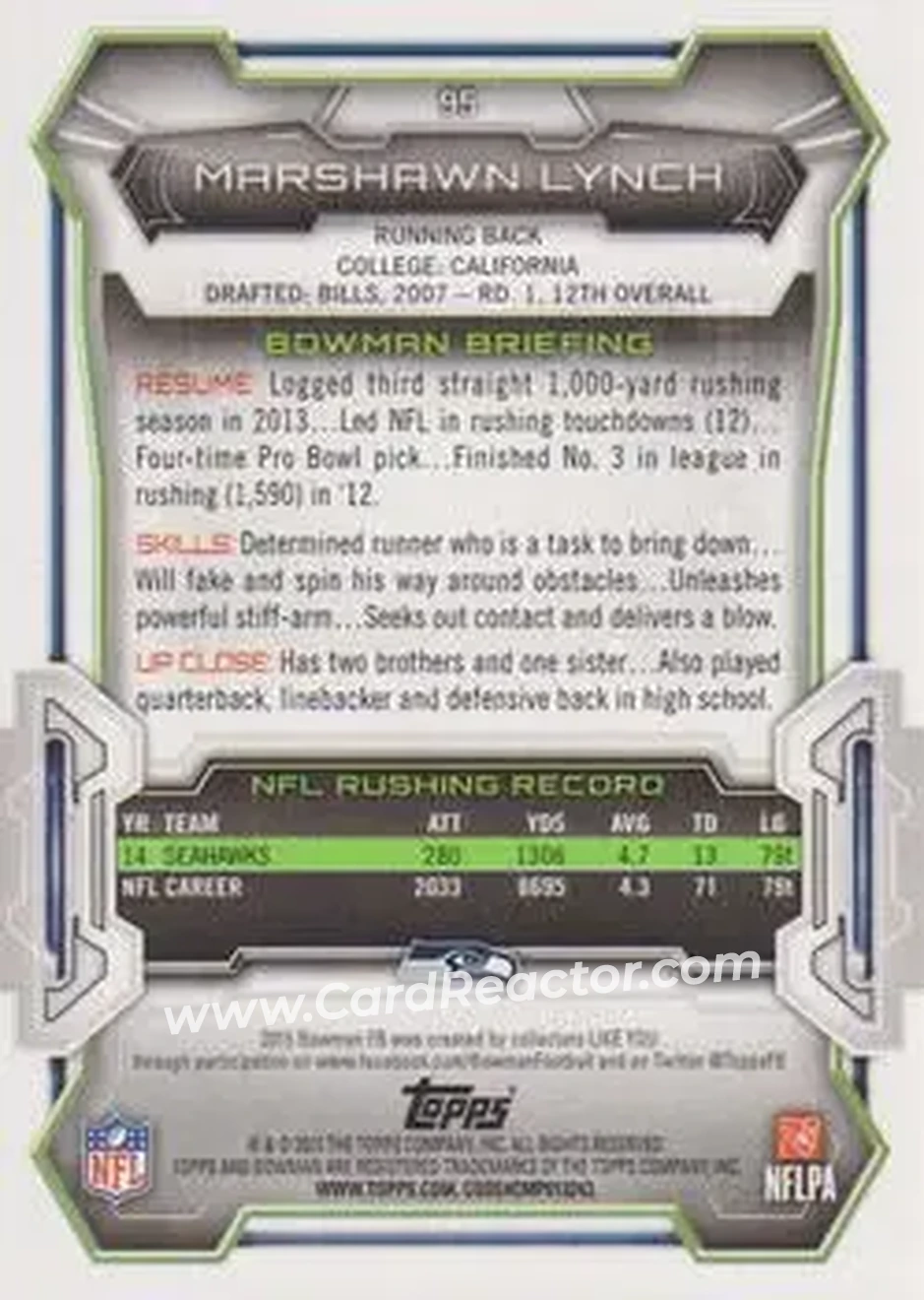 2015 Bowman #95 - Marshawn Lynch - Seattle Seahawks - Back