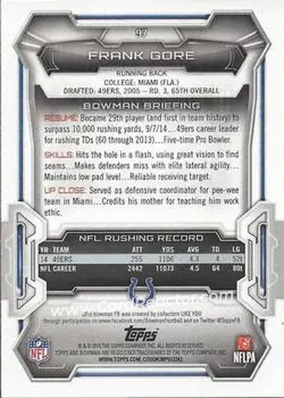 2015 Bowman #97 - Frank Gore - Indianapolis Colts - Back