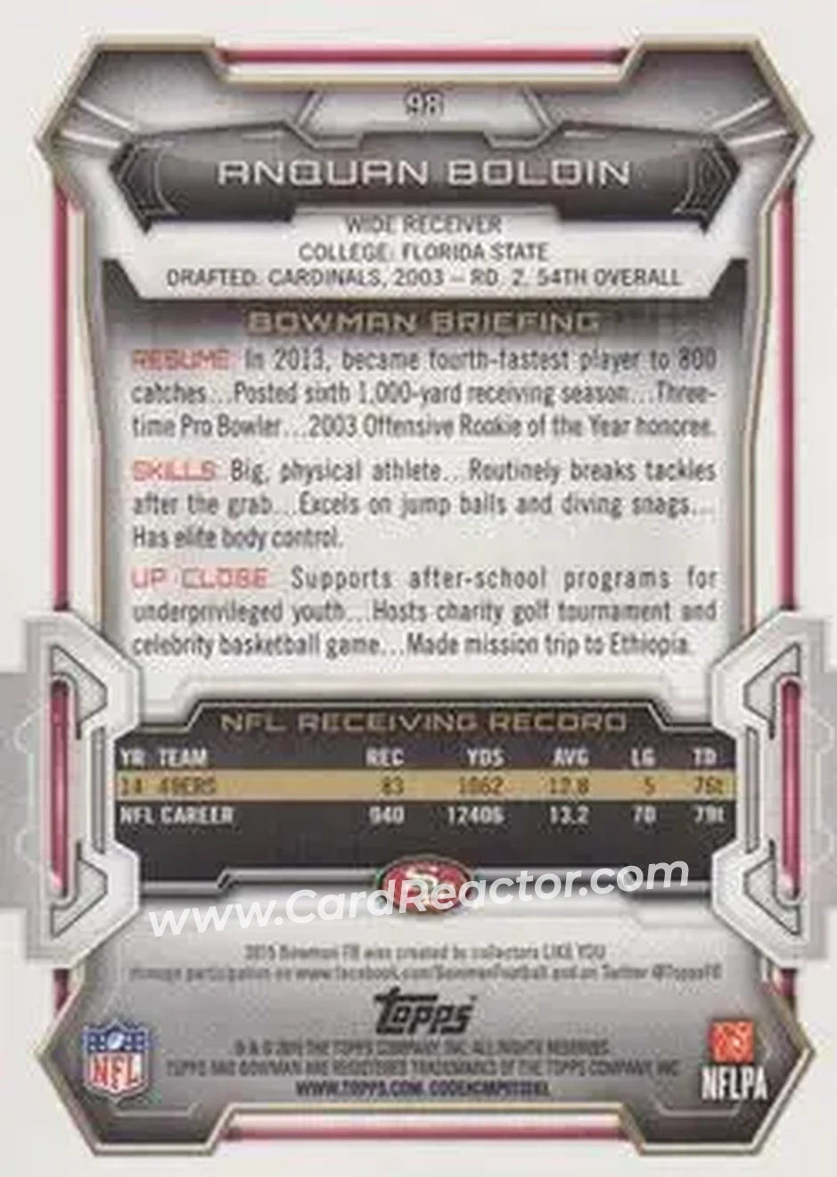 2015 Bowman #98 - Anquan Boldin - San Francisco 49ers - Back
