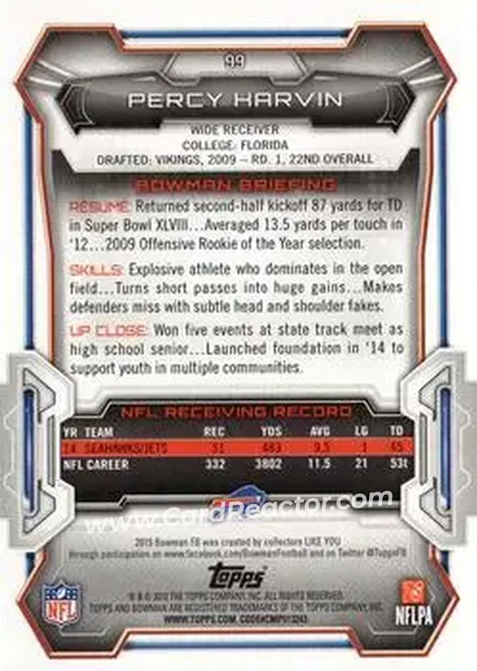 2015 Bowman #99 - Percy Harvin - Buffalo Bills - Back