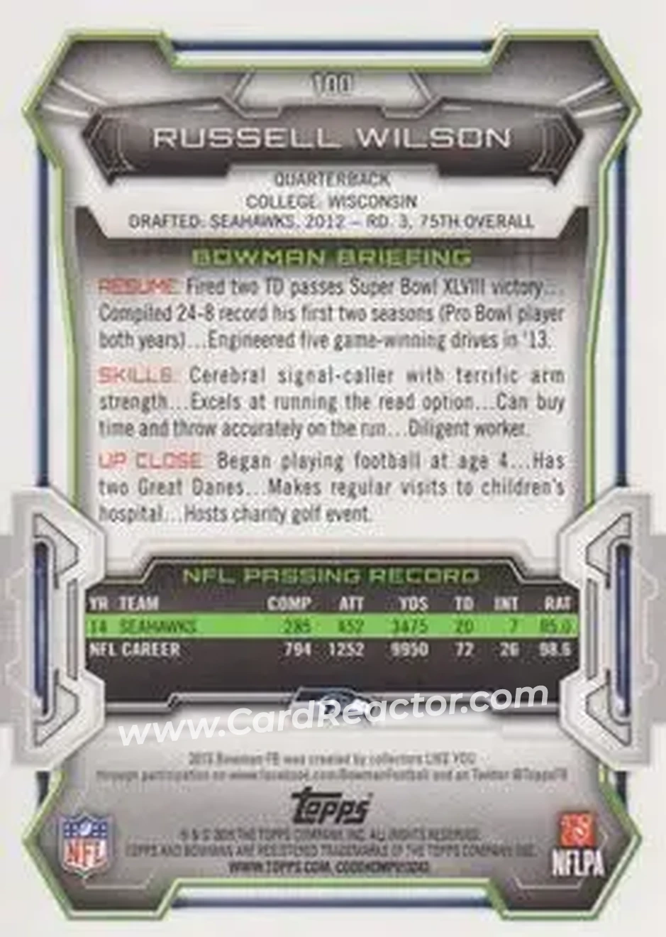 2015 Bowman #100 - Russell Wilson - Seattle Seahawks - Back