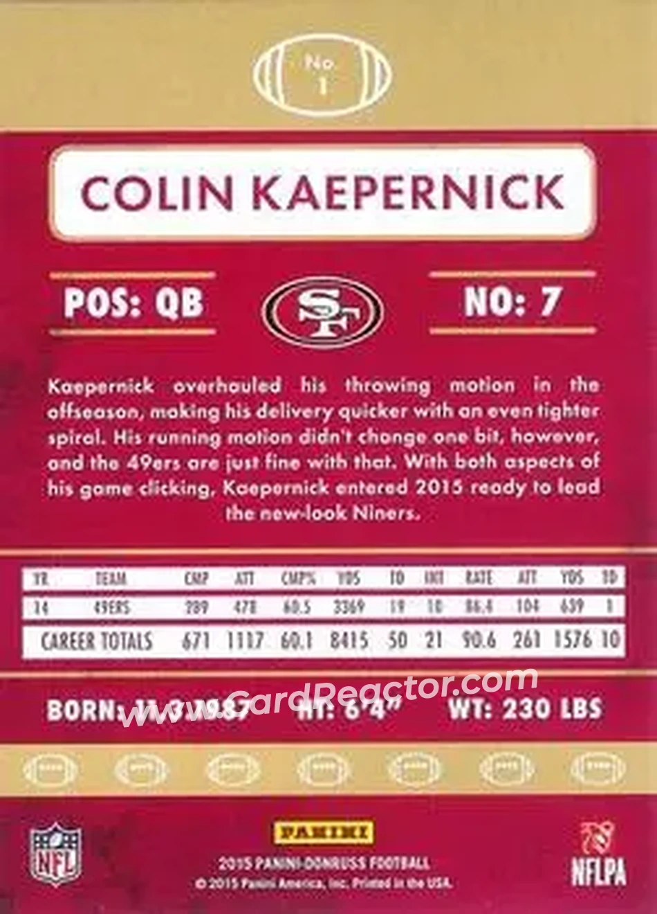 2015 Donruss #1 - Colin Kaepernick - San Francisco 49ers - Back