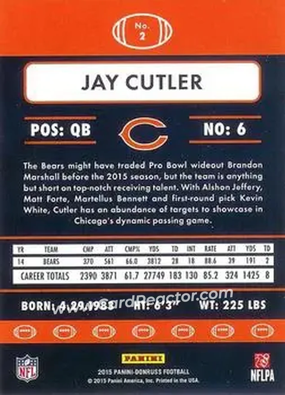 2015 Donruss #2 - Jay Cutler - Chicago Bears - Back