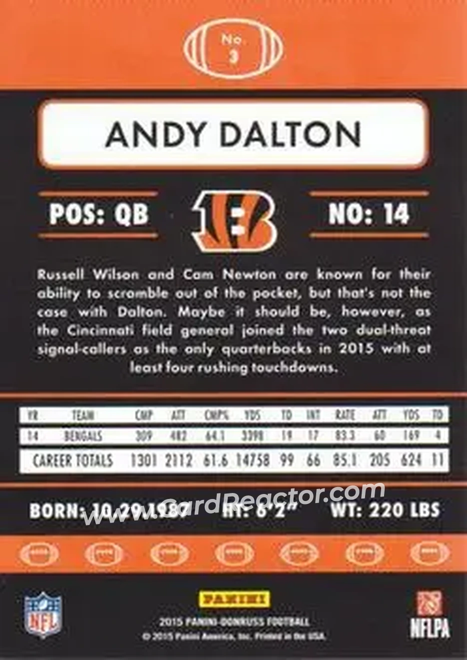 2015 Donruss #3 - Andy Dalton - Cincinnati Bengals - Back
